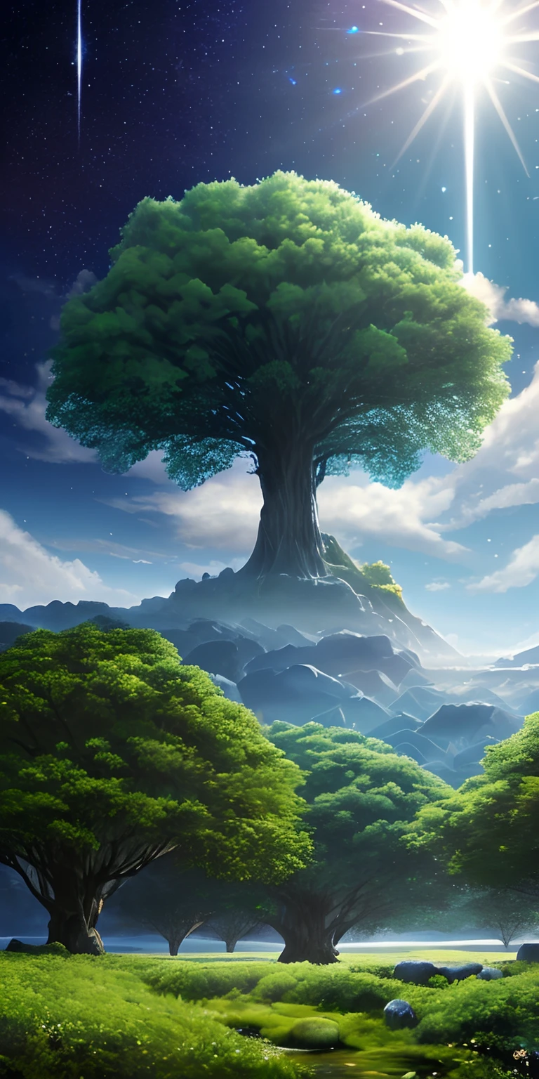 Illustration of a hyperrealistic , otherworldly, ultrasky scene featuring a giant crystal tree full body,very detailed and magical lighting, intricate forest details, vegetation and river around, solarpunk ,landscape, giant tree, beatifull leafy with beautiful lighting and realistic proportions, as if it were a cinematic background, 8k, highest quality, masterpiece, clouds and stars in the sky.