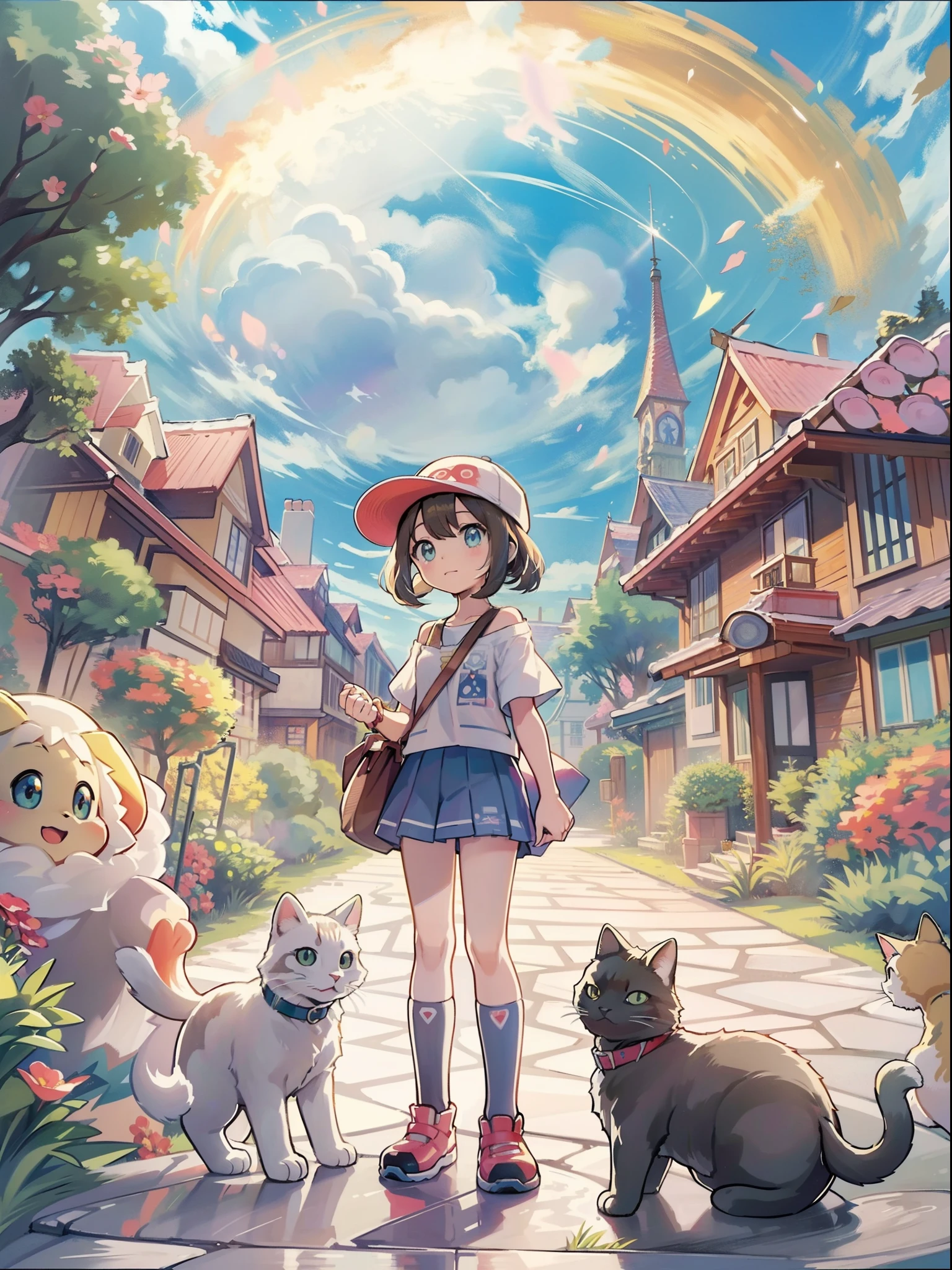 1girl in,A pokémon_The card,(top-quality), (high_quality), (Convoluted_Details), (ultra-detailliert), (illustratio), (Distinct_image),saito_naoki,Against the backdrop of the vast sky、Rainbow View、With cats（（Cute cat１.５））