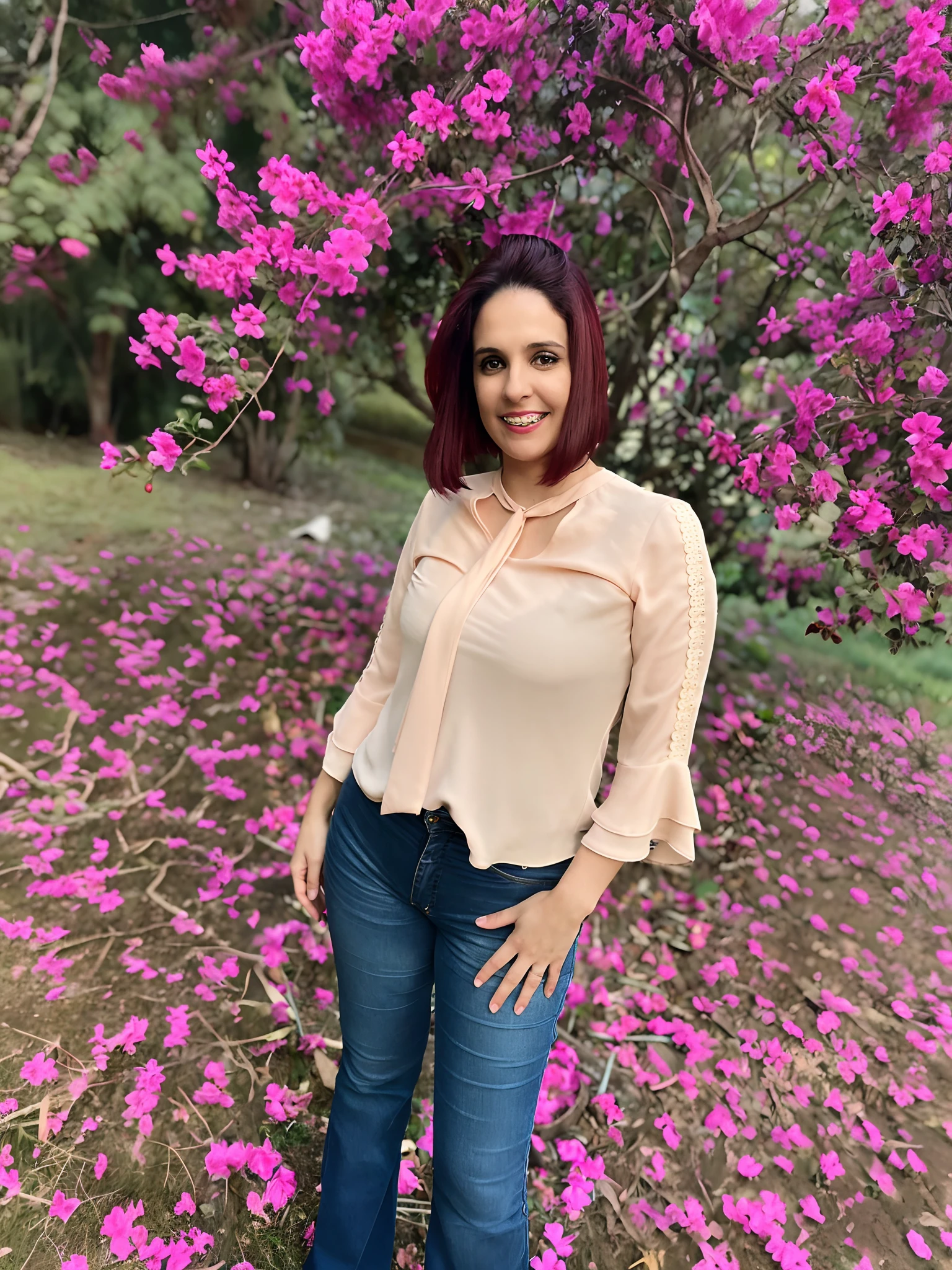Arafed woman standing in front of a tree with pink flowers, Directed by: Nandor Soldier, Lorena Avarez, by Gina Pellón, Alanis Guillen, na floresta cor-de-rosa, fernanda suarez, Directed by: Veronica Ruiz de Velasco, inspired by Gina Pellón, Karla Ortiz, em frente a um fundo de floresta