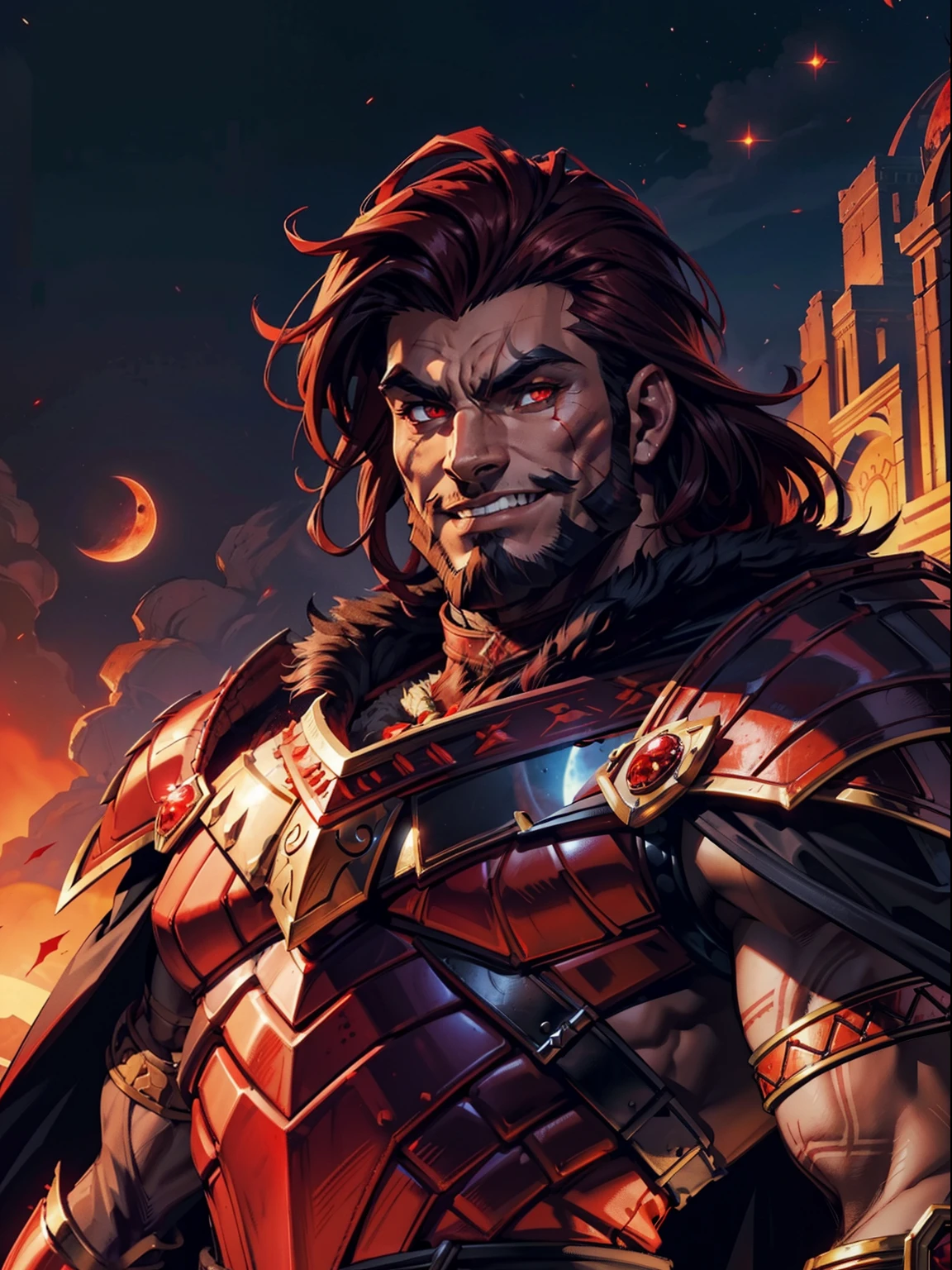 Dark night blood moon background, Hades style, game portrait, Sadurang from Marvel, hunk, buffed physics, short mane hair, mullet, defined face, detailed eyes, short beard, glowing red eyes, dark hair, wily smile, badass, dangerous, wearing armor set of red dragon scales, cape of furs