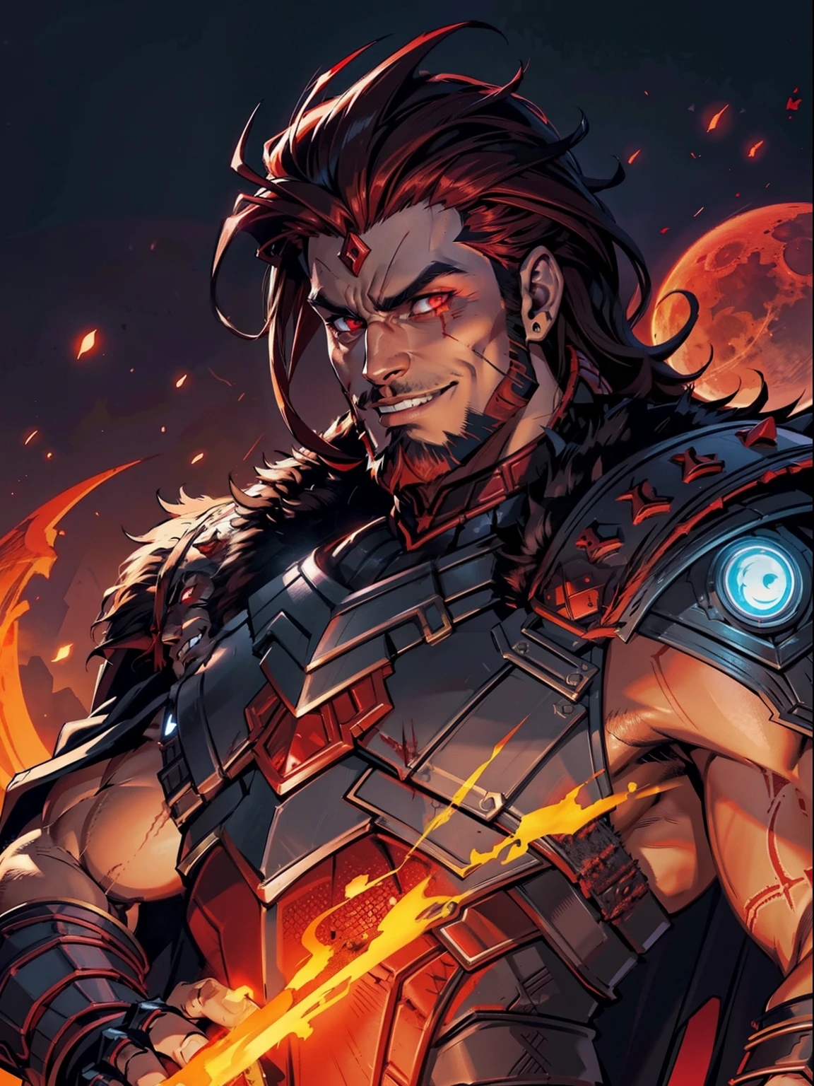 Dark night blood moon background, Hades style, game portrait, Sadurang from Marvel, hunk, buffed physics, short mane hair, mullet, defined face, detailed eyes, short beard, glowing red eyes, dark hair, wily smile, badass, dangerous, wearing armor set of red dragon scales, cape of furs