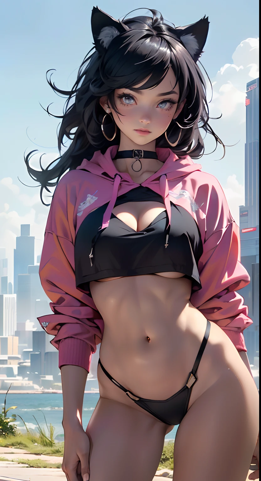 girl spacepunk,(((1girl))),((anime girl with extremely cute and beautiful black hair cat ears walking seductively down the street)),

(large breasts:1.4),saggy breasts,((((black hair,messy hair,colored inner hair,large hair,absurdly long unkempt hair:1.35,long hair,ear breathing)))),((((cat ears,cat ears on head,big cat ears)))),((pink eyes:1.3,upturned eyes:1.3,perfect eyes,beautiful detailed eyes,rainbow glows ultra-detailed deep pink purple eyes:1.1,gradient eyes:1,finely detailed beautiful eyes:1,symmetrical eyes:1,big highlight on eyes:1.2)),((fat)),(((lustrous skin:1.5,bright skin: 1.5,skin tanned,shiny skin,very shiny skin,shiny body,plastic glitter skin,exaggerated shiny skin))),(spider lower abdomen,narrow waist,wide hip,athletic body,inflated legs,delicate detailed fingers,detailed body,detailed arms,human hands,(detailed face)),

cute,slutty,seductive,erotic,(((nsfw))),

zettai ryouiki,revealing clothing,show skin,((((underboob)))),(cleavage),(semi-naked,with little clothing,((tiny thong)),bare legs,visible thong straps),((((crop top hoodie,cropped hoodie,hoodie,hoodie intricate)))),((detailed outfit,detailed clothes)),

(dynamic pose:1.0),solo focus,embarrassed,centered,scale to fit dimensions,Rule of thirds,

((((Cityscape by the ocean,oceanfront,ocean in the background,futuristic flying city in the background)))),thick clouds,very cloudy sky,futuristic cityscape,((synthwave theme background)),((detailed background:1.25)),

(best quality,high resolution,sharp focus,ultra detailed,extremely detailed,extremely high quality artwork,(realistic,photorealistic:1.37),8k_wallpaper,(extremely detailed CG 8k),(very fine 8K CG),((hyper super ultra detailed perfect piece)),flawless,(((masterpiece))),illustration,vibrant colors,(intricate),High contrast,Selective lighting,Double exposure,HDR (High Dynamic Range),Post-processing,Background blur,