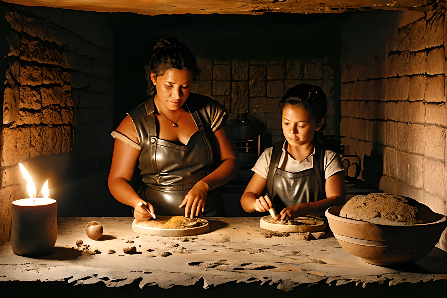 Step into the prehistoric age, where a mother and her daughter from the same era, wearing animal leather clothing and sporting unruly, uncombed hair, join forces to bake a cake. A stone countertop, strewn with a clay bowl and a generous dusting of flour, forms the rustic setting. The cave-shaped kitchen, illuminated exclusively by torches on the walls, immerses you in the prehistoric world. This image is an ultra-realistic and highly detailed representation of a fantastical scene from ancient times