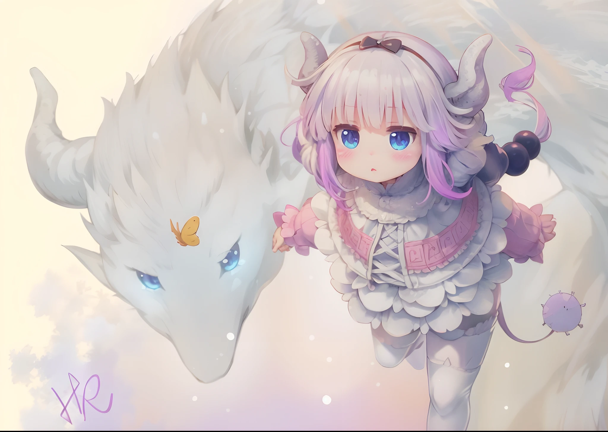 1B***********, Maid Dragon, , winter, afloat, snowflower, , Cartoon style, Best quality, Masterpiece,  (Masterpiece,Best quality:1.5)