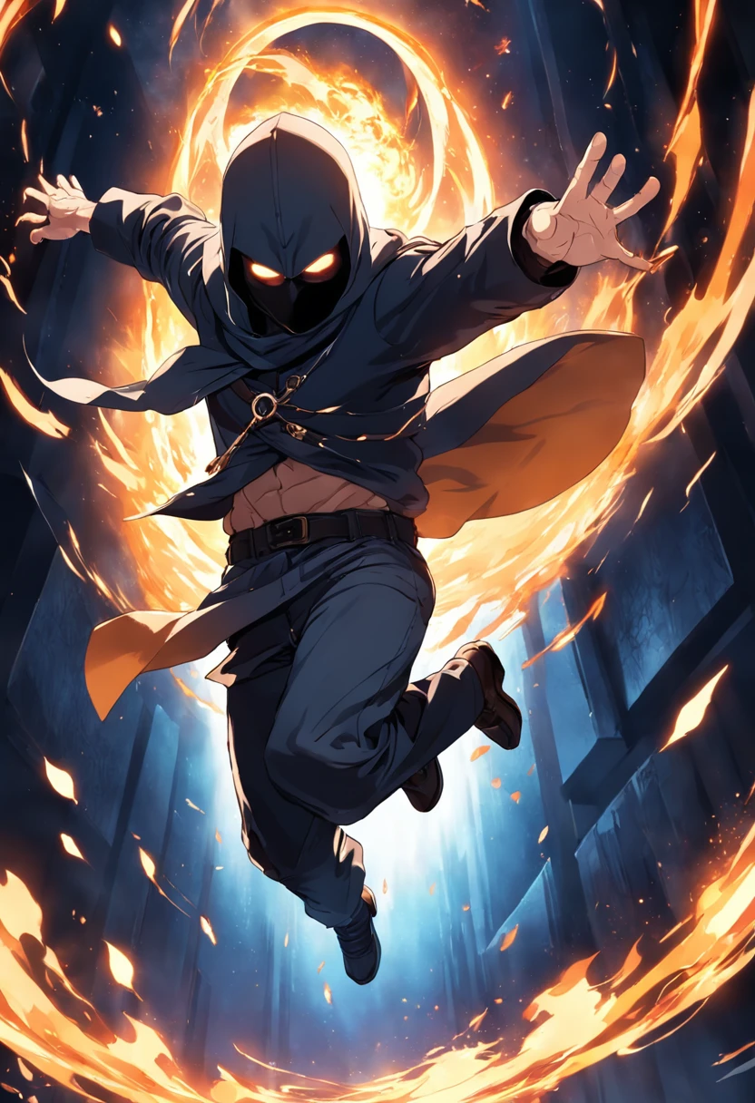 "(Best quality), ((masterpiece)), (detailed), a skilled male thief swiftly dashing rapidly, masked, evading capture as he jumping through a radiant solar portal blazing with fiery intensity."