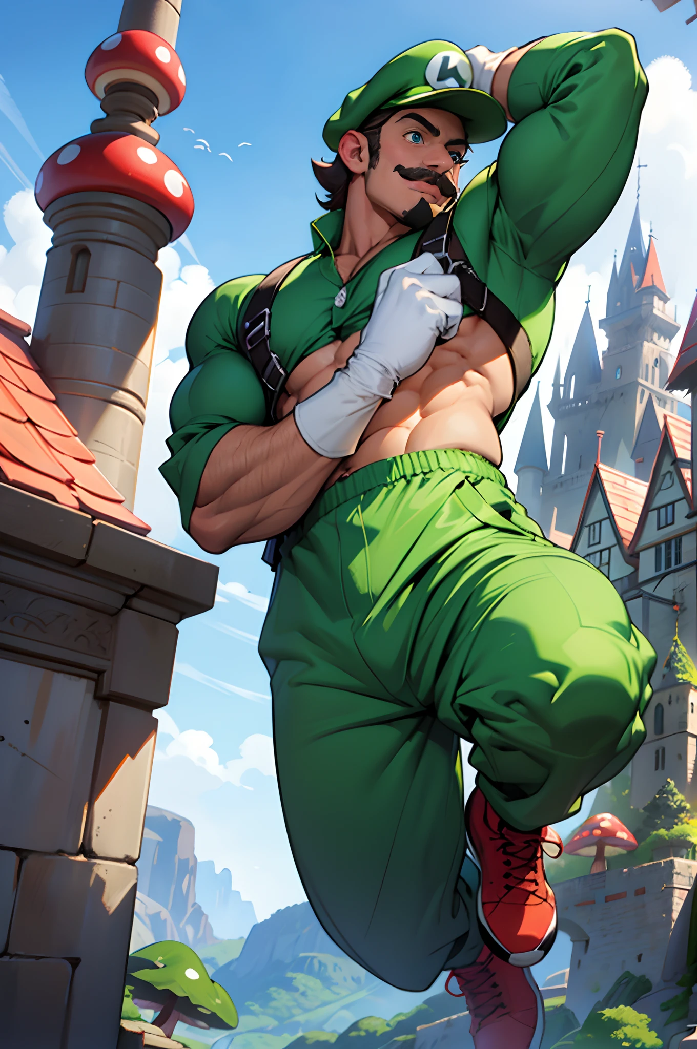 (masterpiece), (bestquality) Luigi, (Flashy mustache) blue jumpsuit,male, Muscular body, Imposing body, Imposing appearance, muscular arms, muscular legs, only body, trapezoid torso, sturdy body, muscular body, defined round and fleshy pecs, defined washboard ABS, defined arms, defined legs, green shirt, green cap with letter L, smiling, 1boy, short man, little man, short legs, short arms, cartoon looking, jumping, dynamic pose, dynamic expression, smile, (fist up: 1.1), big hands, big foot, (white gloves: 1.1), mushroom kingdom in the background, giant mushrooms in the background, detailed background, castle with pink roofs on a mountain in the background,   cartoon style, defined eyes, blue eyes, white teeth