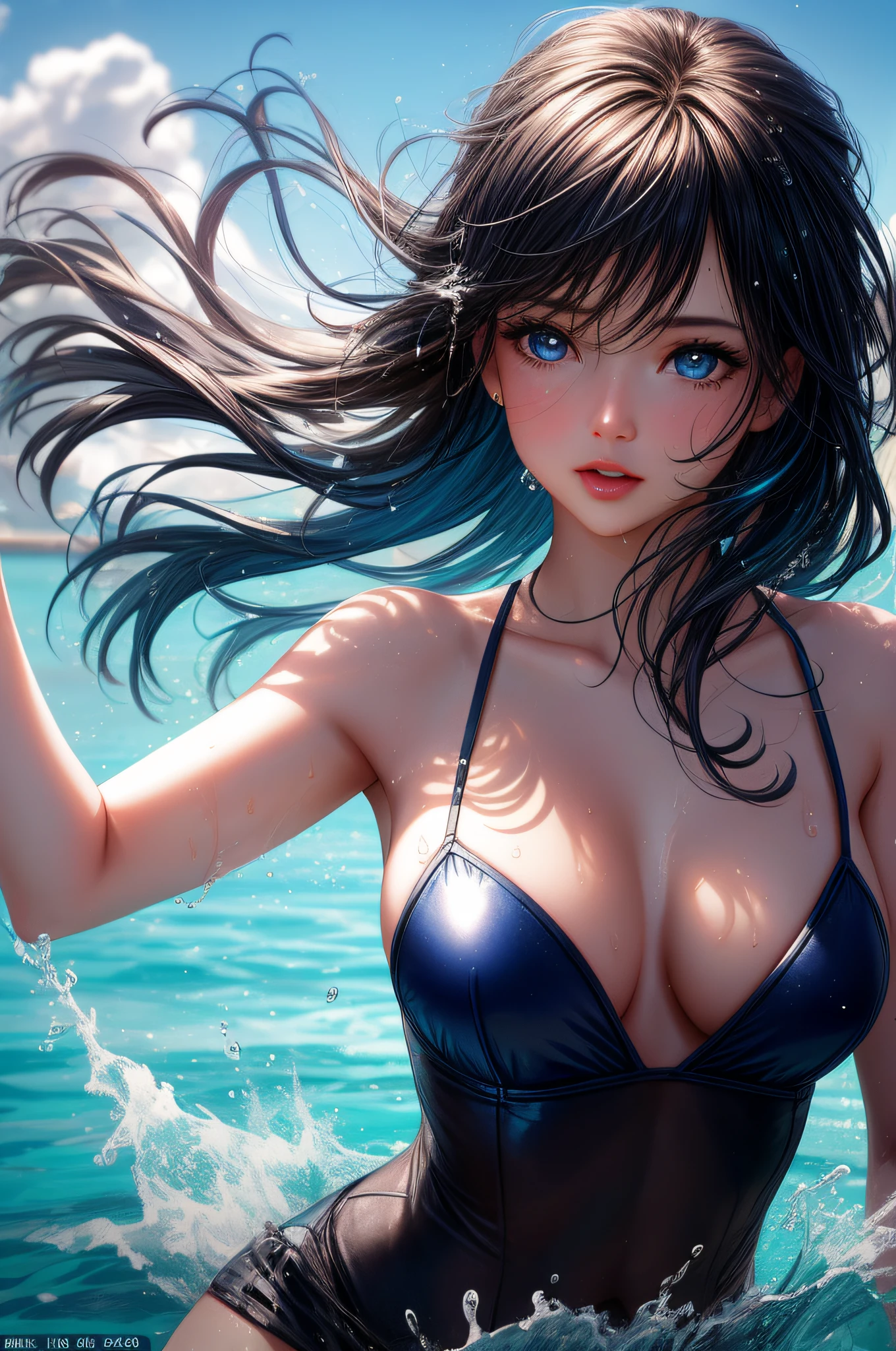 (Cinematographic Photo: 1.3) From (Realistic: 1.3) A studio photo of A (exploding: 0.2) (1girl in low gravity: 1.1), wet, wet hair, hair splash, (splashes: 0.9) a pool of water, splash image, colorful, in a canva, liquid splashes, áqua, hGH, evoke delight, water turn, by Fred Marcellino, top selection in unsplash, professional photography of a character jumping in the pool, art photography . Hair taken to the wind, face details, exception with richese of details. (Skin texture, blue eyes, detailed skin, light skin)