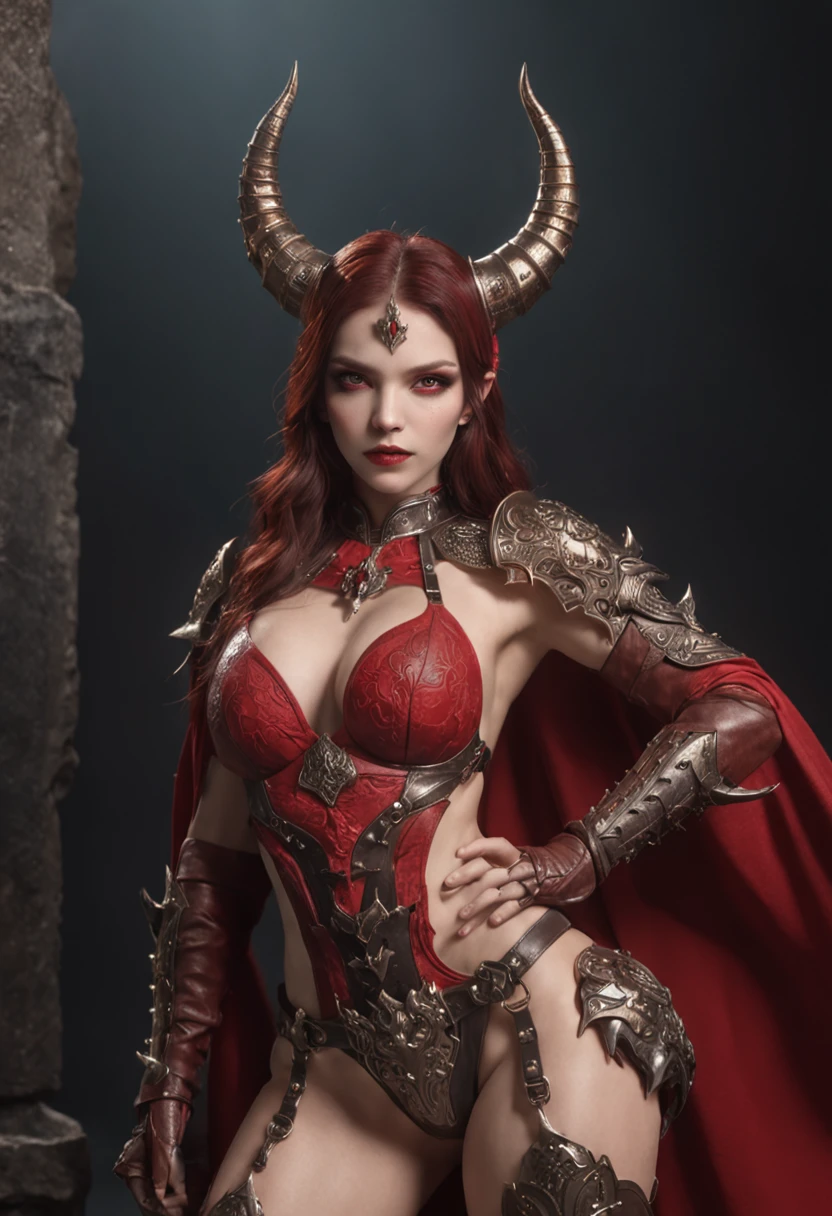 top-quality、Beautiful Russian woman、{{{The whole body is shown}}}、Female Devil King、Female Devil、Red Eyes、demon armor、Devil's Bikini Armor、Fantasia、horns grow on the head、Dark Castle、grand background