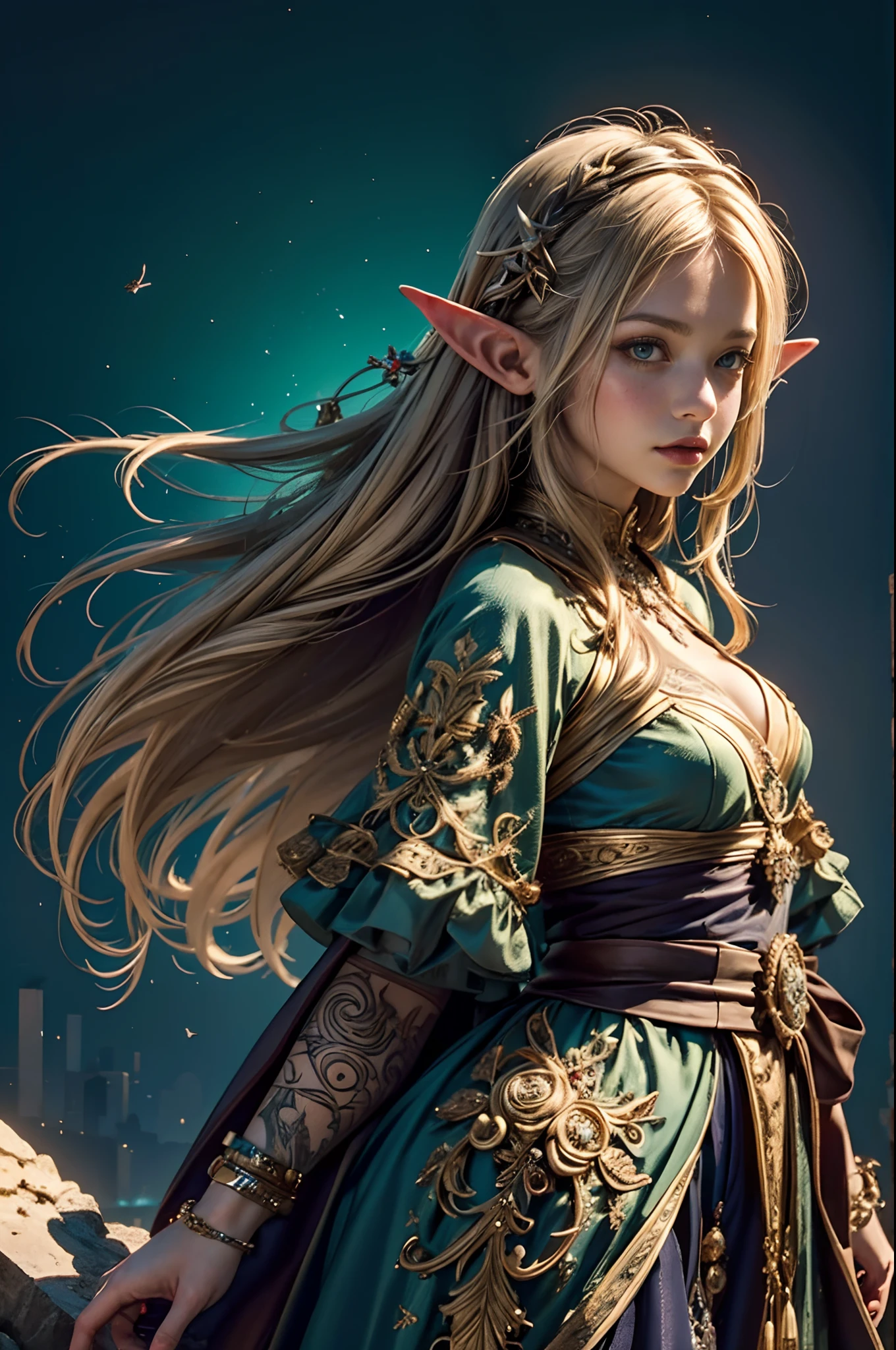 (masterpiece, top quality, best quality, official art, beautiful and aesthetic:1.2), (1 Elf girl), extremely detailed, long shapeless hair, (fractal art:1.3),colorful,highest detail, cinematic lighting, elven city background.