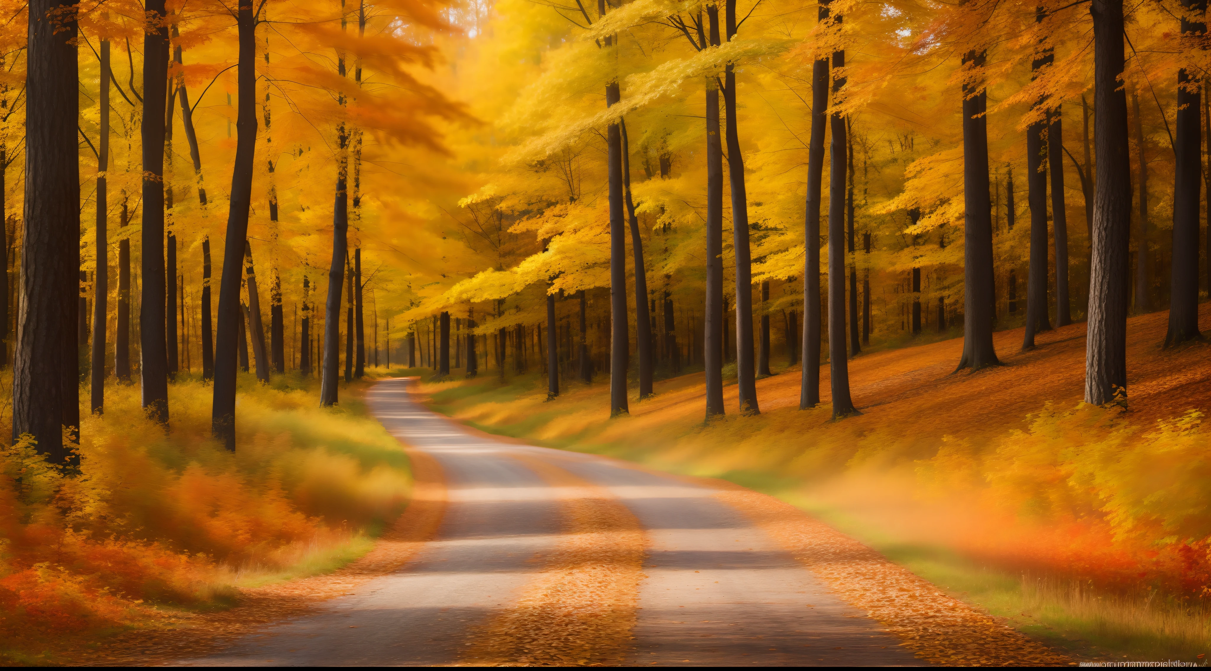 Serene autumn forest shining with warm colors in impressionist style.
