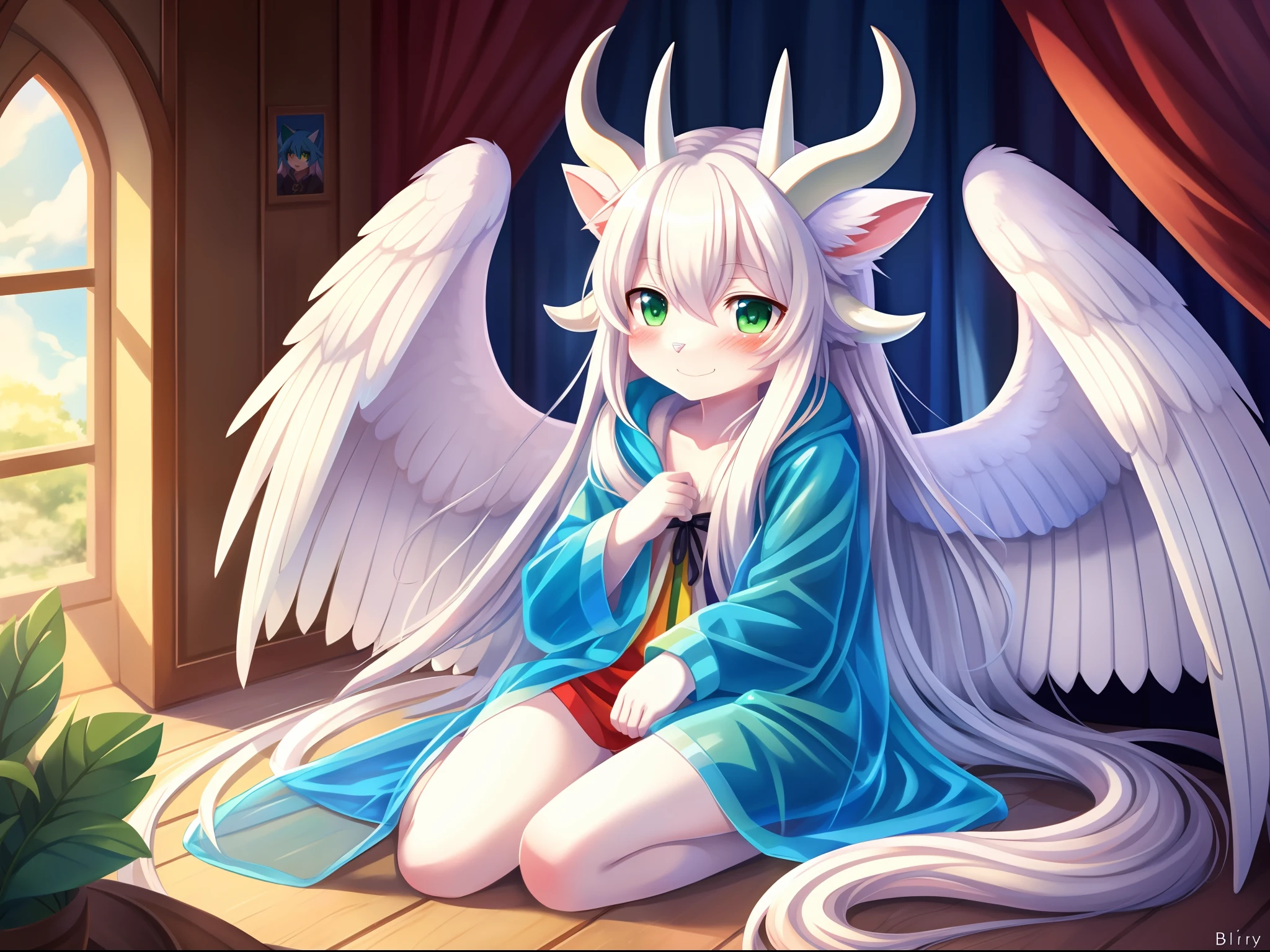 1boy, rainbow, a cat with green eyes and small feathered wings, but as an anthropomorphic blue dragon in transparent raincoat, long hair, blushing, silver long hair, anime long hair, detailed hair, (white horns:1.4), blue body fur, young male anthro dragon, feminine body, sfw version, furry anime, realistic anime cat, but bragon, very cute face, blushing, playful, young, detailed background, detailed fanart, pixiv, digital painting, masterpiece, high quality, highres