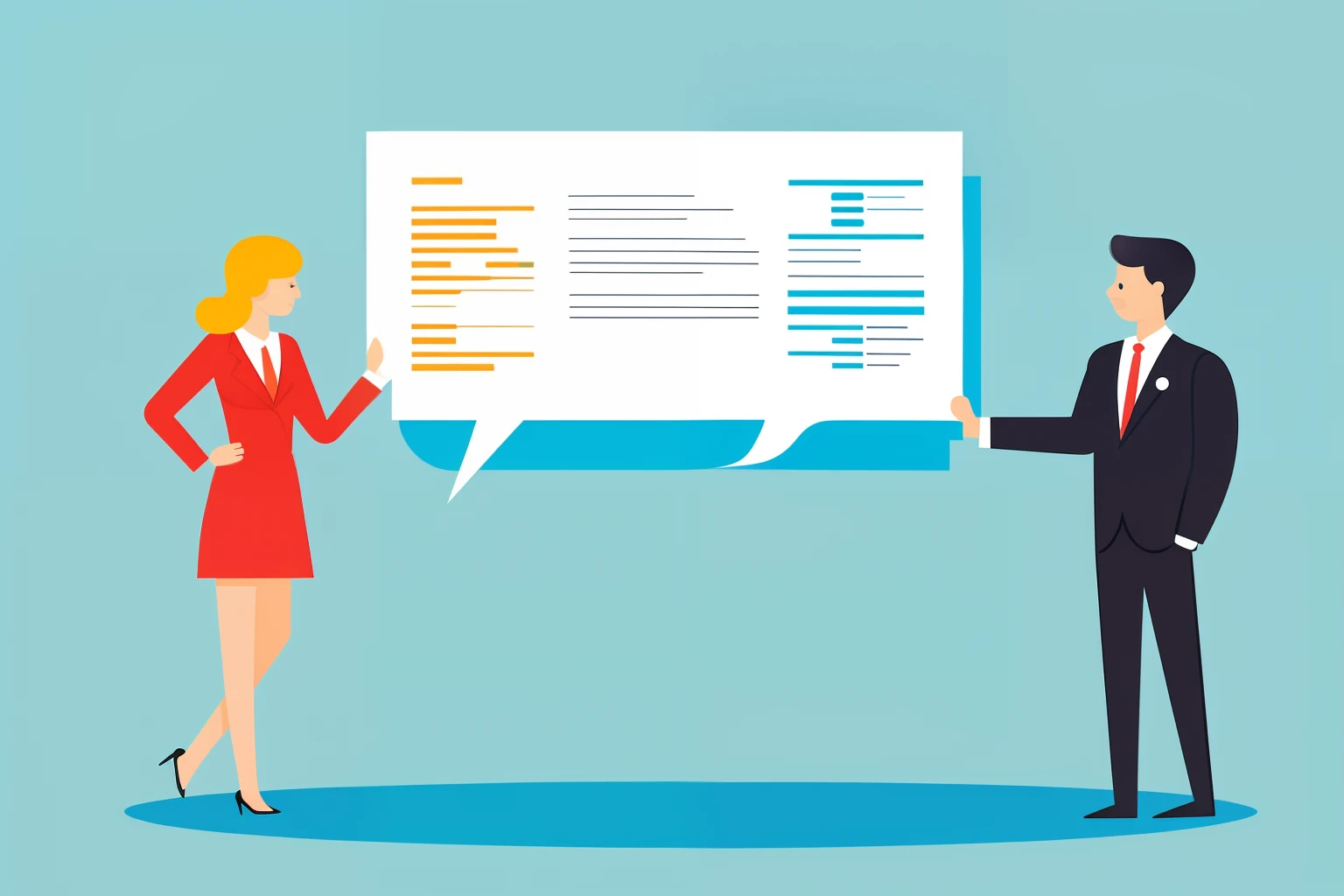 two schematic persons talking and shaking hands speech bubbles on top, illustration, schematic, vector graphic