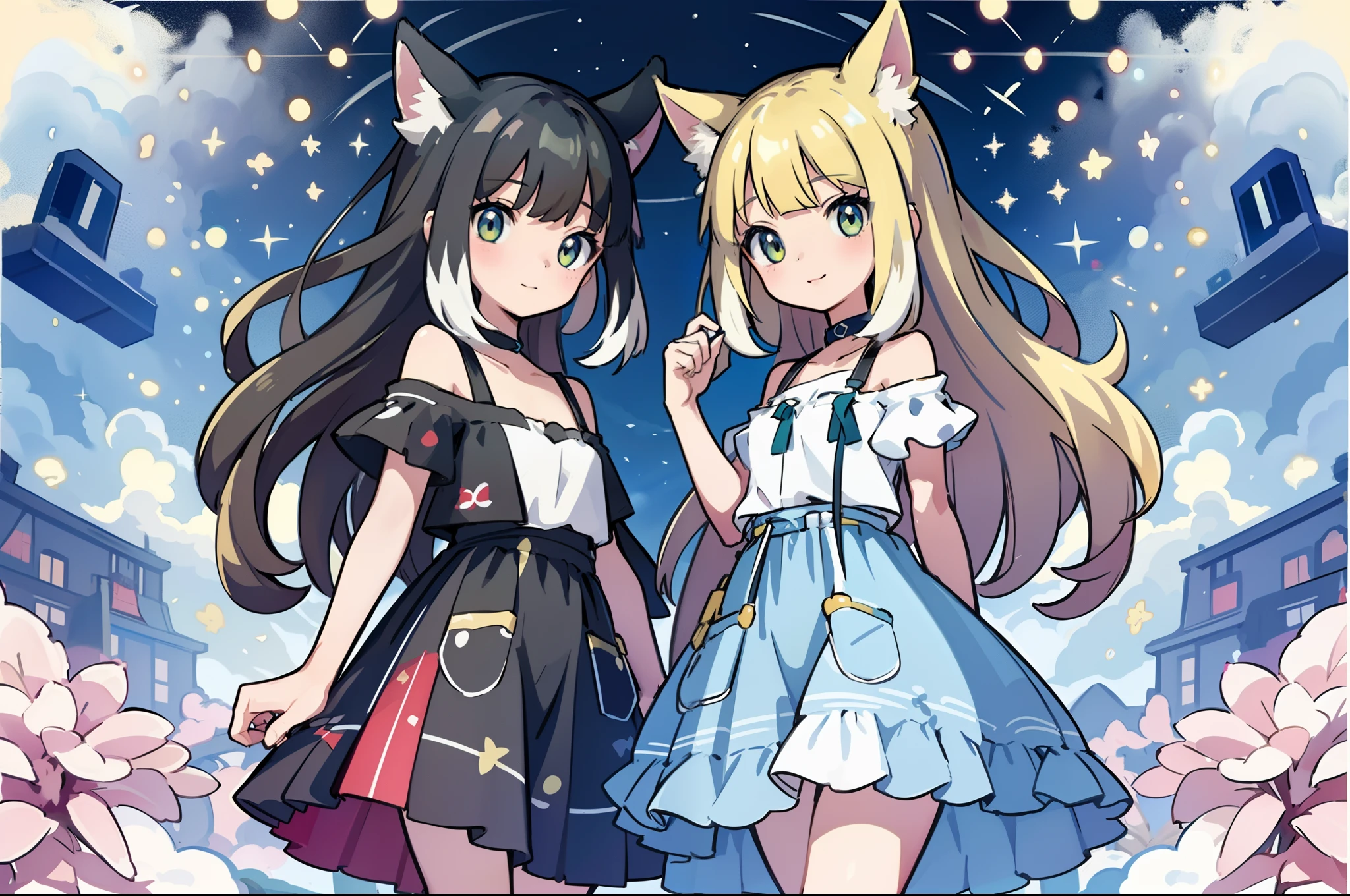 1girl in,A pokémon_The card,(top-quality), (high_quality), (Convoluted_Details), (ultra-detailliert), (illustratio), (Distinct_image),saito_naoki,city scenery、Rainbow View、With cats（（Cute cat１.５））