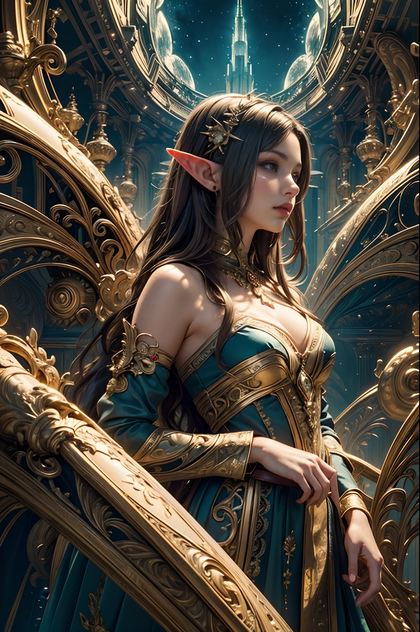 (masterpiece, top quality, best quality, official art, beautiful and aesthetic:1.2), (ung Elf girl), extremely detailed, long shapeless hair, (fractal art:1.3),colorful,highest detail, cinematic lighting, elven city background.