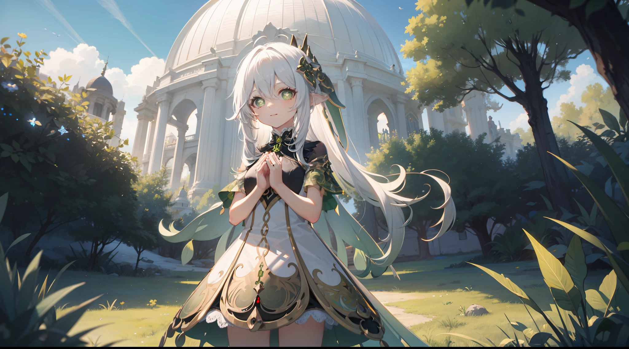 Nahida_Genshin,(White hair),cross-shaped pupils,default_dress,Green cape,Outdoor background,life,God of grass and trees,"White dome",Put hands together andpray