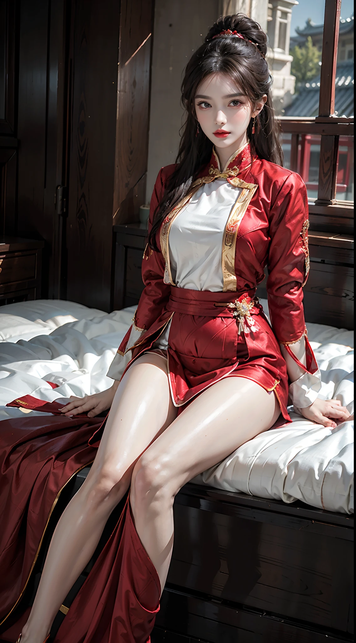 (masterpiece, best quality), Reality, a woman in a Red and gold dress, Hips up, (sitting on a Red bed), white hair, Hips up, cosmetic, blush, shy, look down, cosmetic, (Forehead Point), (2 Red candles), Chinese_clothing, curtain, earrings,Hanfu, Internal, jewelry, Red nails, long_sleeve, Red dress, Red lips, tassel, (Red quilt), (Red palace: 1.2), (ancient Chinese architecture), (Red: 1.8), night,Wide open legs