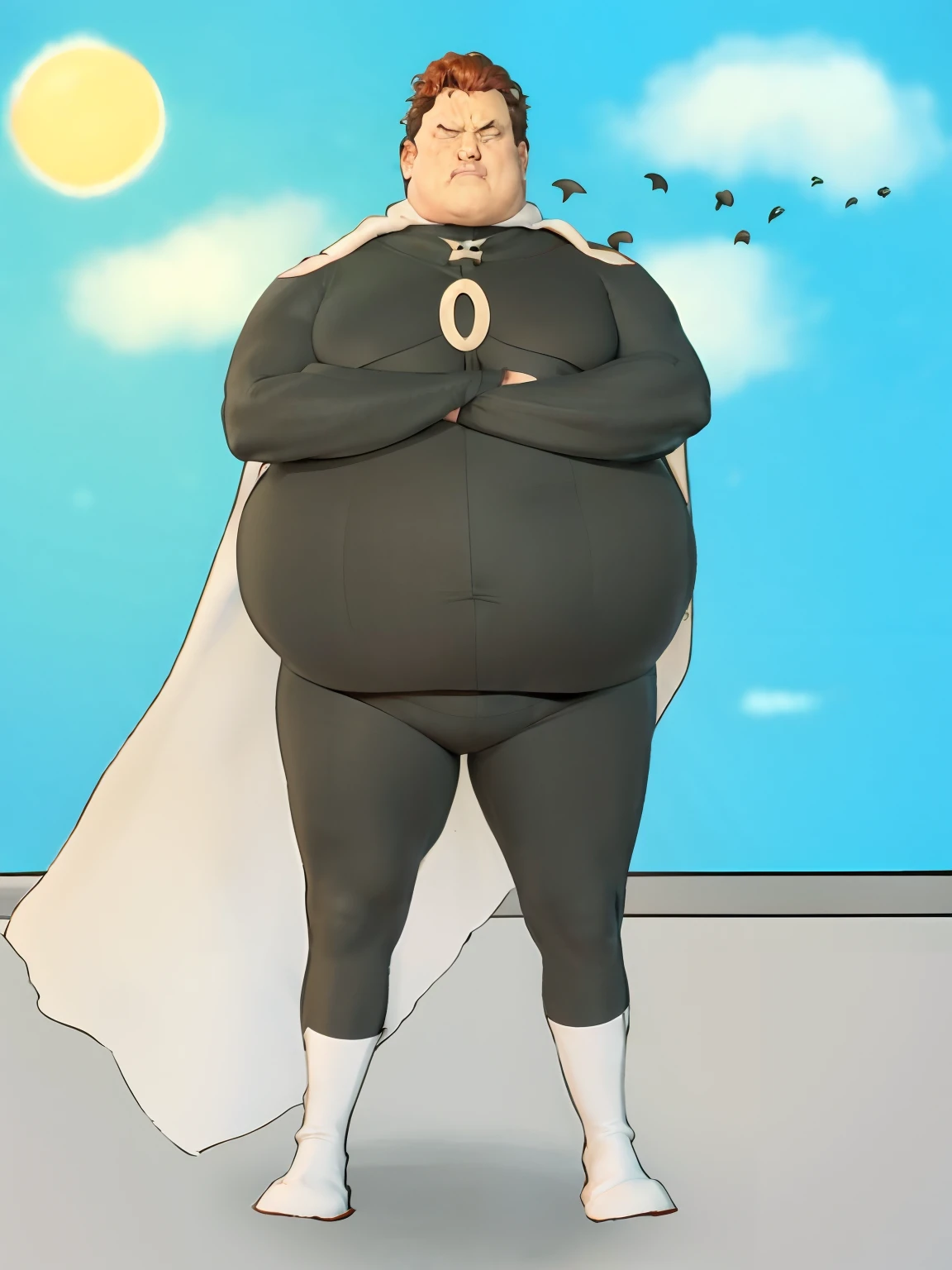 a cartoon of a man on a cover and a cape on his head and a letter "O" branca no peito, Batman Gordo, cel sombreado!!!, fat cat superhero, ! baron harkonnen!, Gabe Newell como um Superman, Peter Griffin Tipo de Corpo, thicc, vestindo roupas pretas e capa, baron harkonnen, cel sombreado, middle aged balding superhero, Ryan Reynolds vestindo um terno gordo
