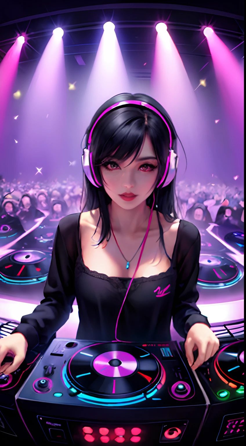 master part, WLOP, Detalhe complexo, 1 girl, DJ Feminino, DJ, Headphone, sintetizador, Dentro de um clube, luz da discoteca, candeeiro de discoteca