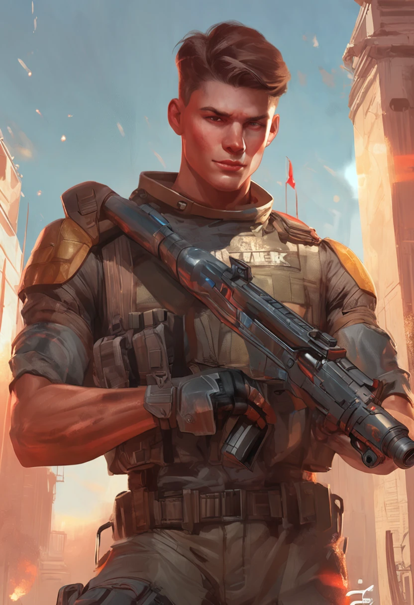 A muscular ussr boy, mature face, short haircut, camouflage joggers, boner, malicious smirk, best buddy ever, sunny stadium, powerful android soldier, weapons implanted in penis, eyes glowing red, 4k, high detailed, beautiful, dark age, art by Stanley artgerm, by Daniel f gerhartz, by pino daeni, highly detailed, sharp focus.