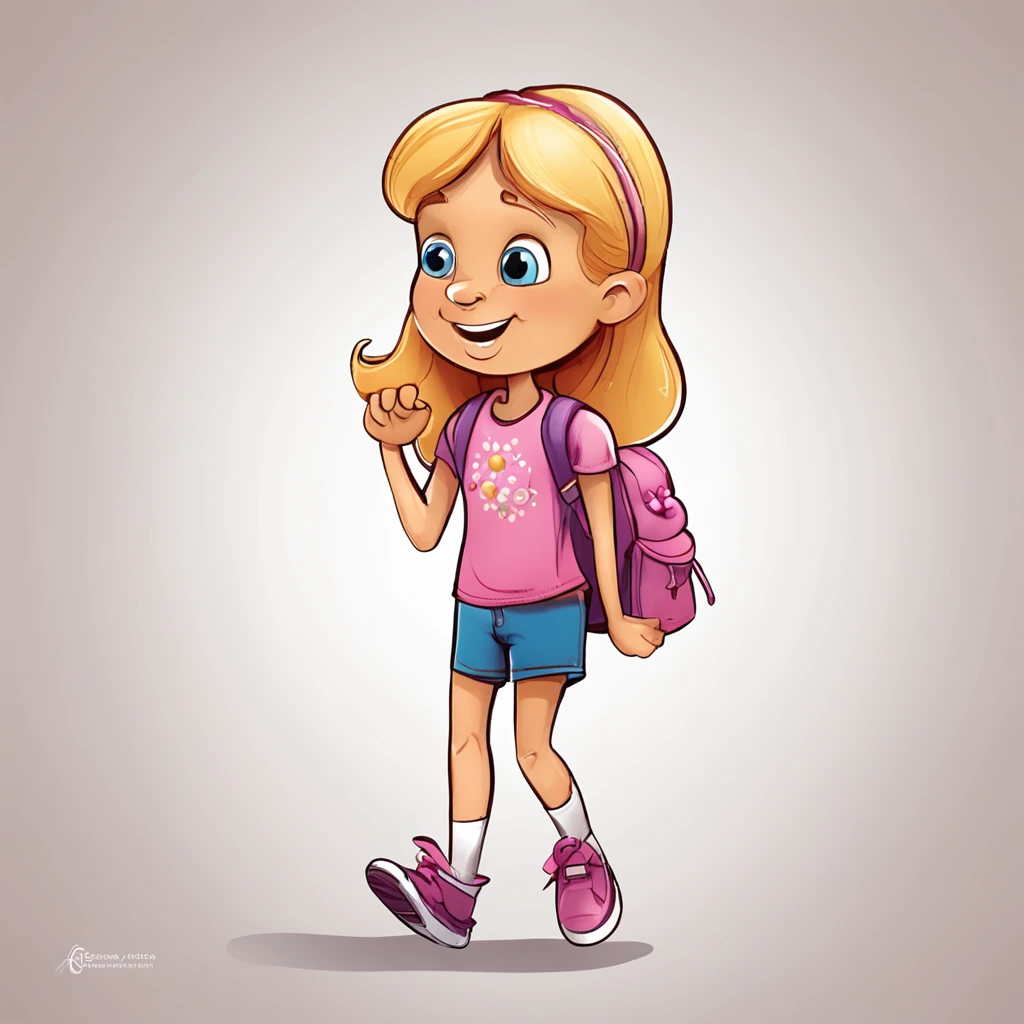 "Por favor, Create an illustration of an adventurous for a children's book in various poses and white background. The character is a blonde girl with straight hair and thin face features, que atingem a altura dos ombros. Her hair is stuck in a bouncing ponytail, e ela tem uma franjinha que emoldura seu rosto delicado.
The girl is wearing a pink short-sleeved T-shirt, com detalhes estampados de flores e borboletas, that enhance its sweetness. She's wearing comfortable jean shorts, perfeitos para suas aventuras. There is no belt, without a hat, no glasses without backpack visible in the illustration.
Com um sorriso encantador e olhos brilhantes, a menina transmitgem, amizade e carisma. His curious and determined gaze demonstrates his willingness to explore the world. The illustration has a white background, that highlights the character and allows the readers' imagination to fill the space with the adventures of the book. The style of the illustration is cheerful and charming, com detalhes delicados e divertidos, remembering the trace of illustrations found in children's books."