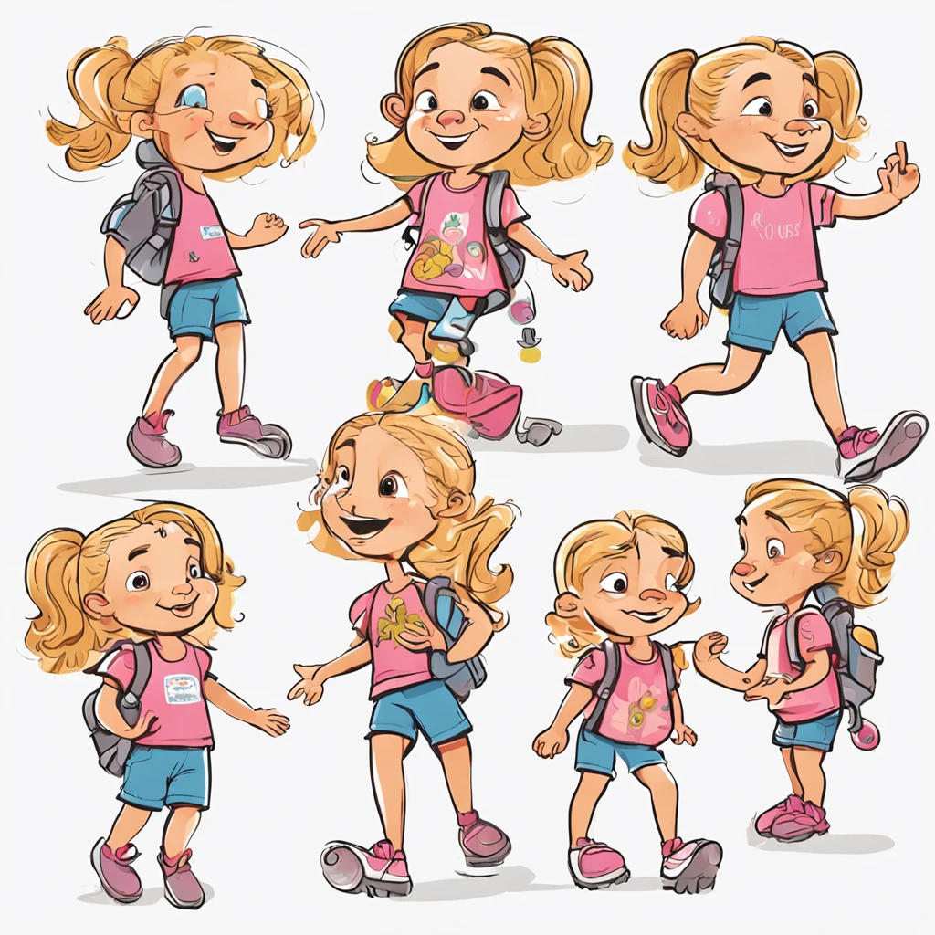 "Por favor, Create an illustration of an adventurous 6-year-old girl for a children's book in various poses and white background. The character is a blonde girl with straight hair and thin face features, que atingem a altura dos ombros. Her hair is stuck in a bouncing ponytail, e ela tem uma franjinha que emoldura seu rosto delicado.
The girl is wearing a pink short-sleeved T-shirt, com detalhes estampados de flores e borboletas, that enhance its sweetness. She's wearing comfortable jean shorts, perfeitos para suas aventuras. There is no belt, without a hat, no glasses without backpack visible in the illustration.
Com um sorriso encantador e olhos brilhantes, a menina transmite coragem, amizade e carisma. His curious and determined gaze demonstrates his willingness to explore the world. The illustration has a white background, that highlights the character and allows the readers' imagination to fill the space with the adventures of the book. The style of the illustration is cheerful and charming, com detalhes delicados e divertidos, remembering the trace of illustrations found in children's books."