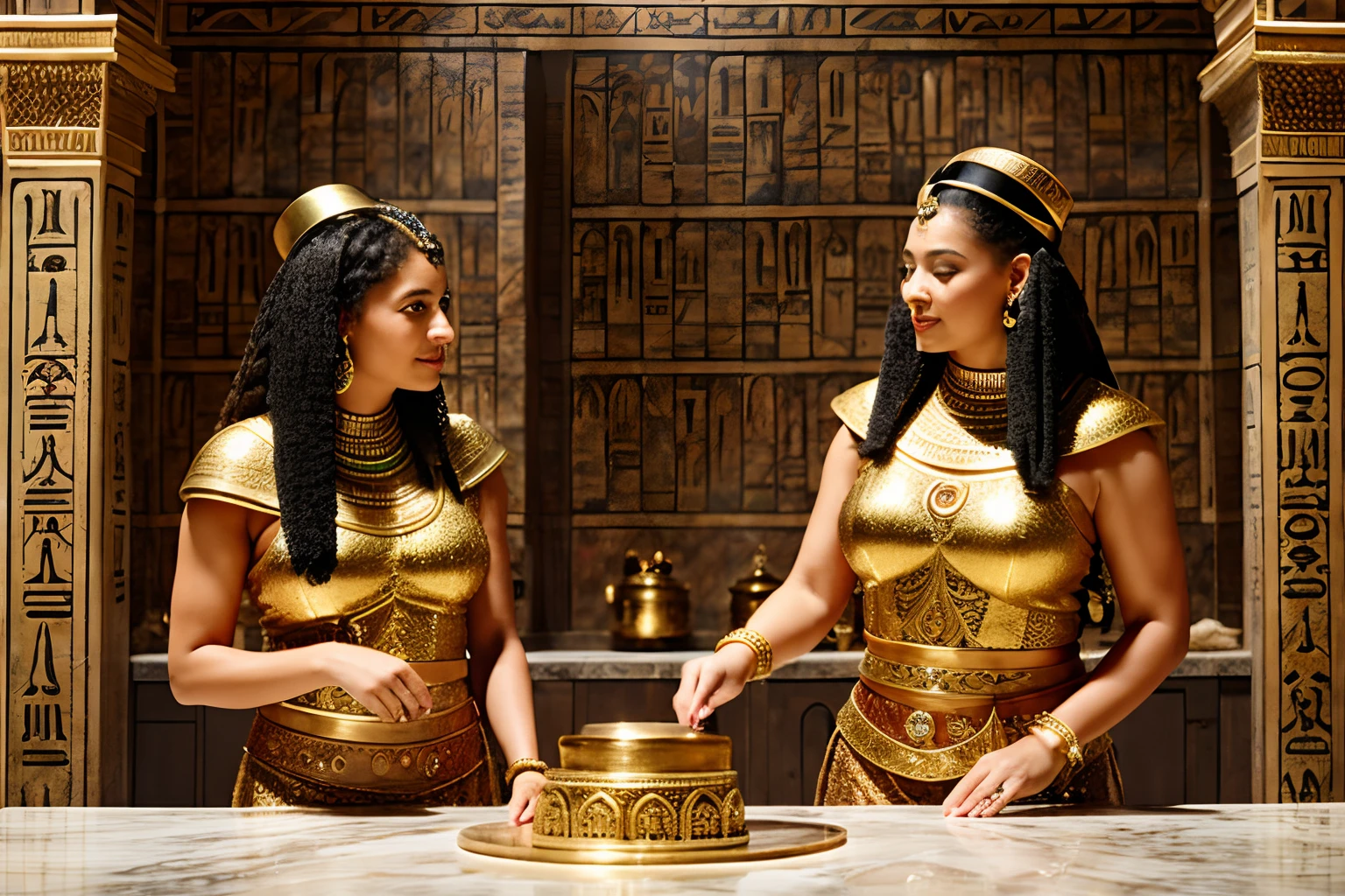 Step back in time to the grandeur of ancient Egypt, where an Egyptian mother and her daughter, with wild, untamed hair and dressed in the opulent attire of the era, join forces to create a cake. The kitchen countertop, adorned with precious stones and adorned with intricate Egyptian gold carvings, showcases a clay bowl and a generous scattering of flour. An Egyptian-themed kitchen, featuring detailed carvings, precious stones, and towering pillars, transports you to the heart of ancient Egypt. The room is bathed in the soft, flickering light of torches on the walls, adding to the mystical atmosphere. This image is an ultra-realistic and highly detailed portrayal of a fantastical scene from the time of the pharaohs.