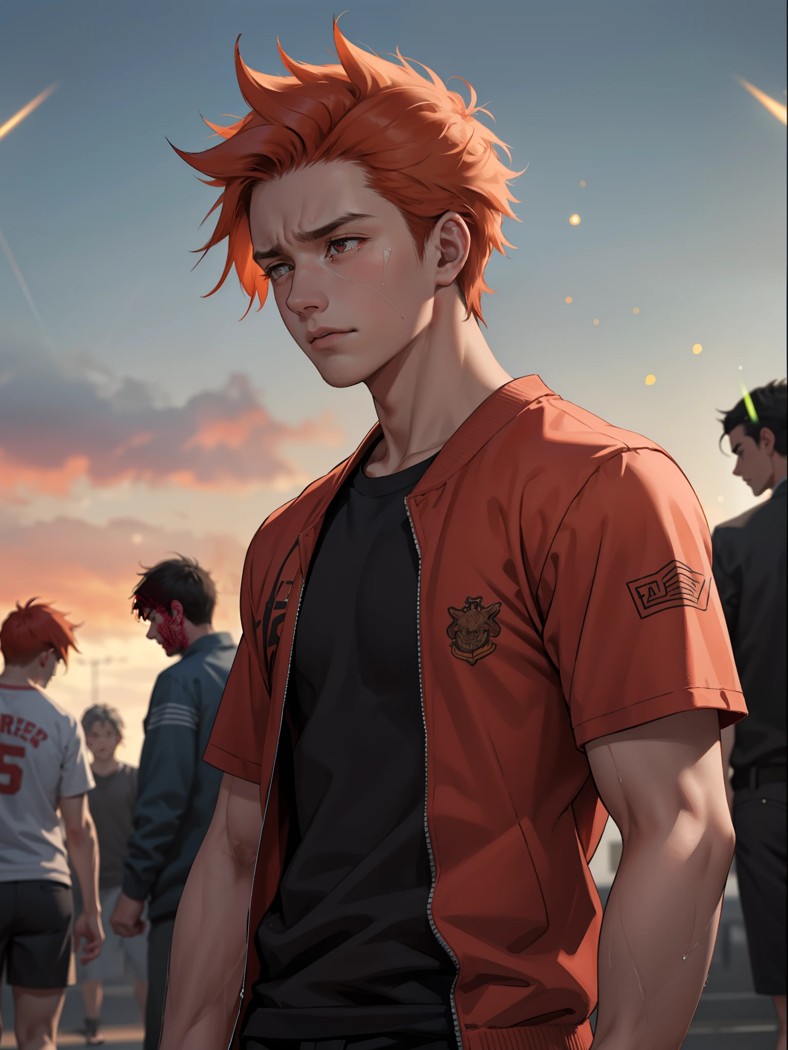 Orange-haired -yeld cr with sadness because his friend has died, Clenches his fists in anger, energia y luces salen de su cuerpo