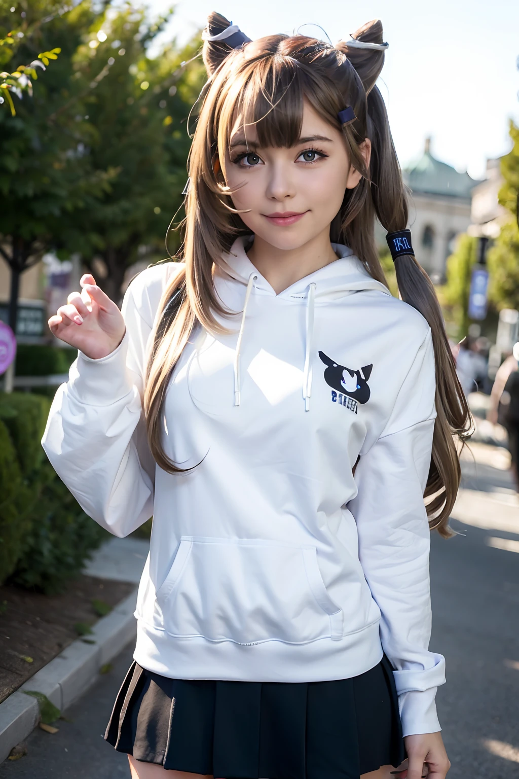 best quality, ultra high res, (photorealistic:1.4), 1girl, vestia zeta, virtual youtuber, happy face, looking at viewer, hair ribbon, hair ornament, white hoodie, mini black skirt, single thighhigh, thigh strap, cowboy shot, realistic