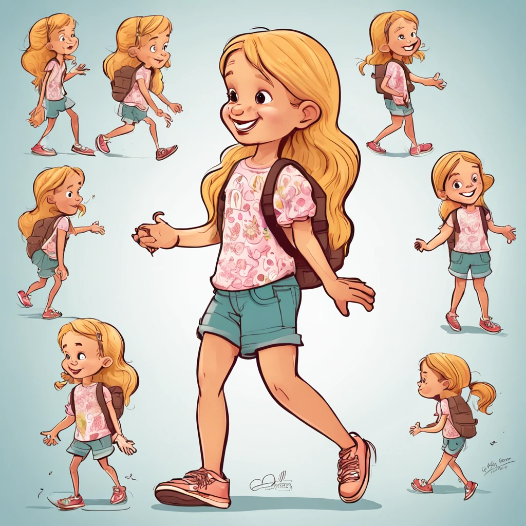 "Por favor, Create an illustration of an adventurous 6-year-old girl for a children's book in various poses and white background. The character is a blonde girl with straight hair and thin face features, que atingem a altura dos ombros. Her hair is stuck in a bouncing ponytail, e ela tem uma franjinha que emoldura seu rosto delicado. The girl is wearing a pink short-sleeved T-shirt, com detalhes estampados de flores e borboletas, that enhance its sweetness. She's wearing comfortable jean shorts, perfeitos para suas aventuras. There is no belt, without a hat, no glasses without backpack visible in the illustration. Com um sorriso encantador e olhos brilhantes, a menina transmite coragem, amizade e carisma. His curious and determined gaze demonstrates his willingness to explore the world. The illustration has a white background,that highlights the character and allows the readers' imagination to fill the space with the adventures of the book. The style of the illustration is cheerful and charming, com detalhes delicados e divertidos, remembering the trace of illustrations found in children's books."
 mais poses