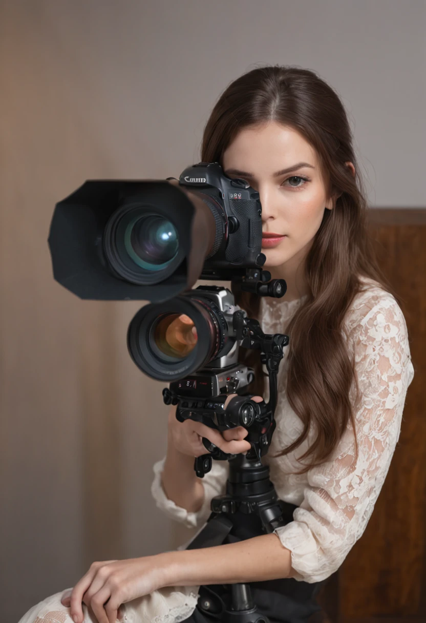 A woman sitting next to a table with sophisticated state-of-the-art equipment, mesa de som, Mesa VideoMaker Studio, Estilo Android, girl in studio, 8 mil, Non-cyber-punk style costume