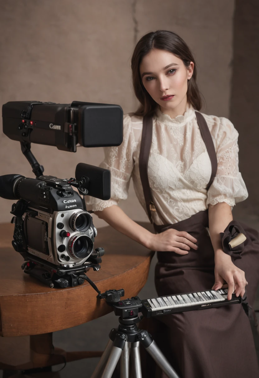 A woman sitting next to a table with sophisticated state-of-the-art equipment, mesa de som, Mesa VideoMaker Studio, Estilo Android, girl in studio, 8 mil, Non-cyber-punk style costume