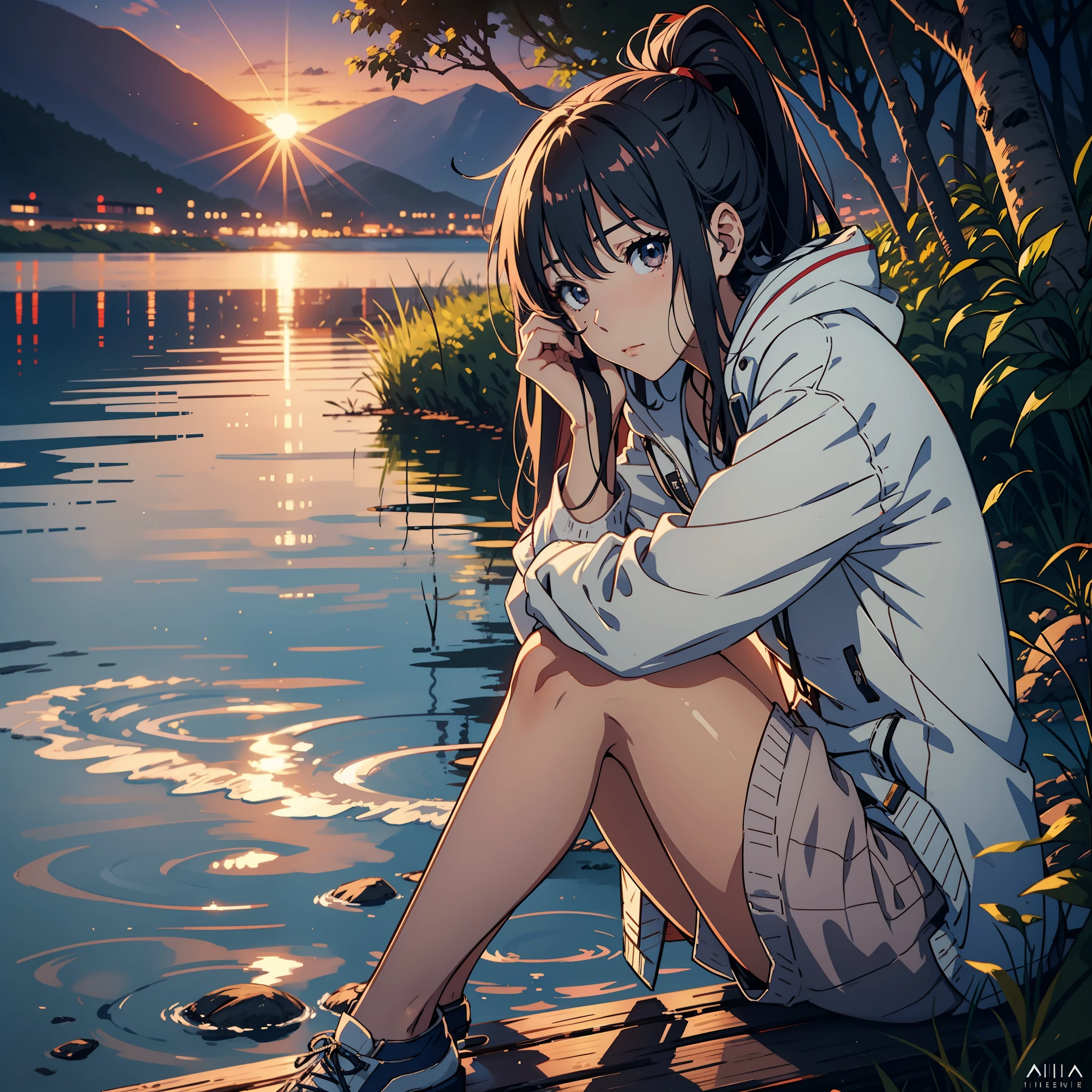 Draw an image of a female anime character sitting alone by a lake at sunset, with a facial expression that reflects both sadness and serenity in the silence