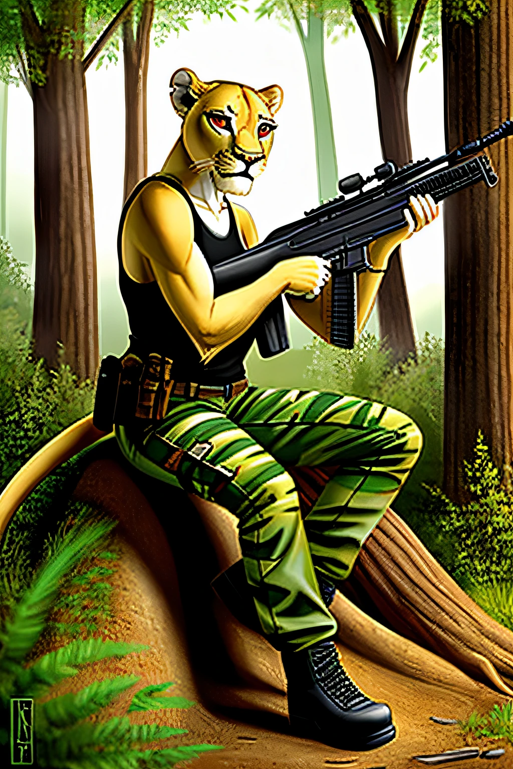 anthropomorphic, female, lioness, red eyes, wearing a white tank top, green camouflage pants, black boots, notched left ear, sitting on a tree trunk in the middle of a forest, looking at the viewer, neutral expression, holding an ak-47 assault rifle, high quality, hyper detailed, masterpiece,