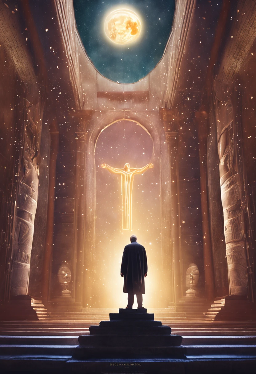Desenvolva uma imagem ultrarrealista de um profeta erguendo um livro sagrado, sendo iluminado.