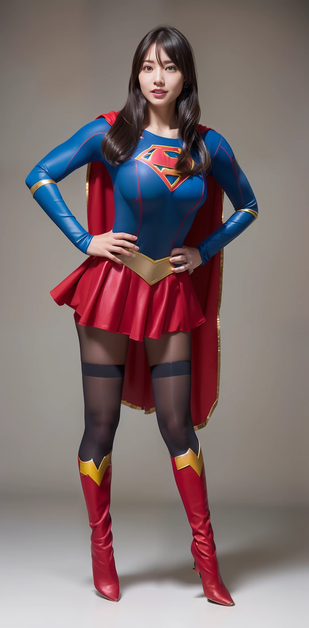 (((Make the most of the original image)))、(((Supergirl Costume)))、(((lustrous dark hair)))、(((Suffering)))、(((Stockings are worn.)))、((Stockings are torn))、((Top image quality、8K))、((top-quality、8K、​masterpiece:1.3))、Crisp focus:1.2、Beautiful woman with perfect body shape:1.4、Slender Abs:1.2、((layers-Cut、large boob:1.2))、a wet body:1.5、Highly detailed facial and skin texture、