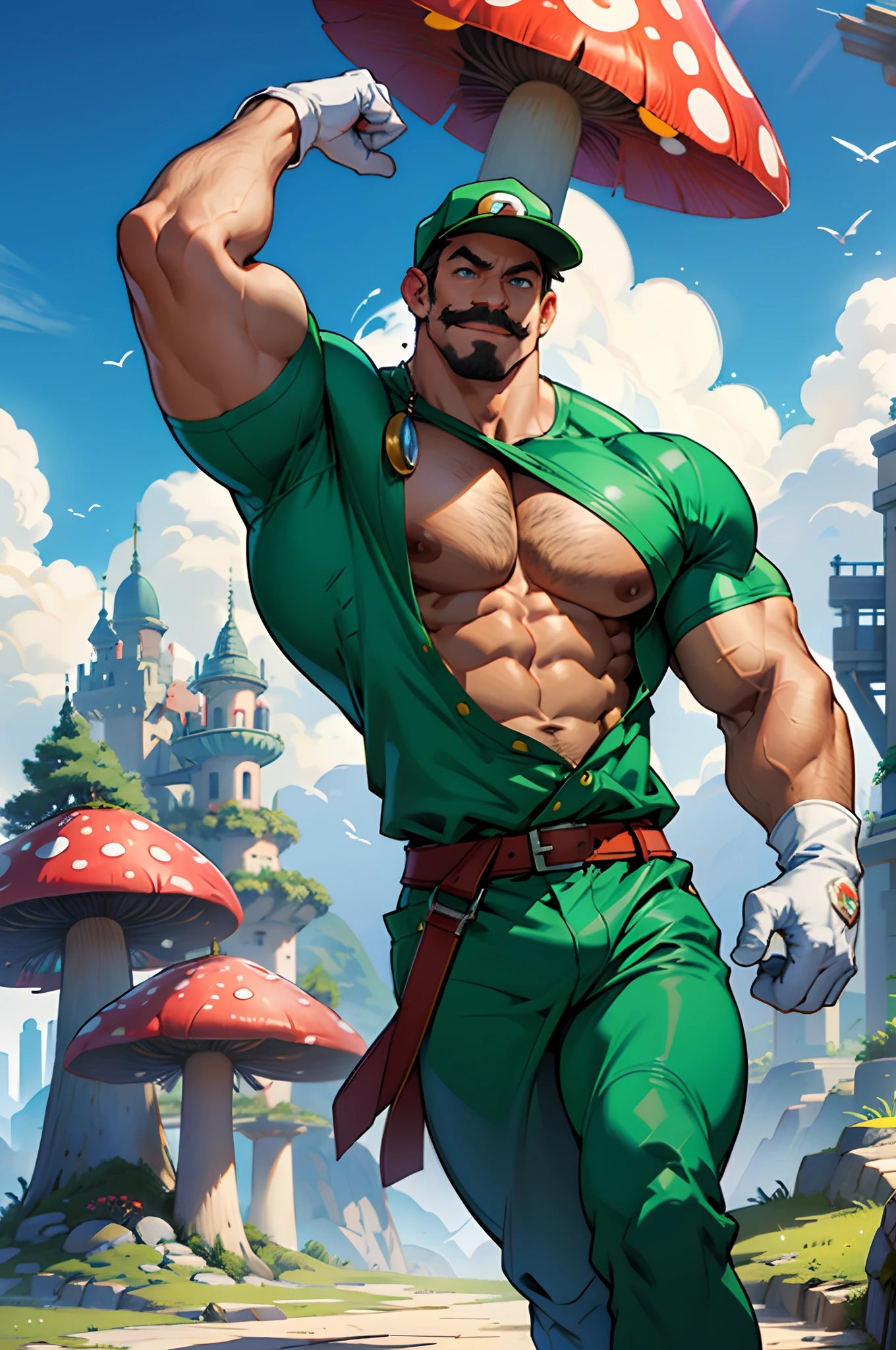 (masterpiece), (bestquality) Luigi, (Flashy mustache)male, Muscular body, Imposing body, Imposing appearance, muscular arms, muscular legs, only body, trapezoid torso, sturdy body, muscular body, defined round and fleshy pecs, defined washboard ABS, defined arms, defined legs blue jumpsuit, green shirt, green cap with letter L, smiling, 1boy, short man, little man, short legs, short arms, cartoon looking, jumping, dynamic pose, dynamic expression, smile, (fist up: 1.1), big hands, big foot, (white gloves: 1.1), mushroom kingdom in the background, giant mushrooms in the background, detailed background, castle with pink roofs on a mountain in the background,   cartoon style, defined eyes, blue eyes, white teeth