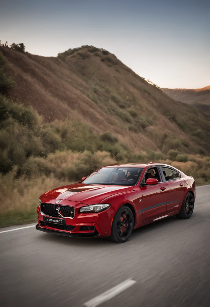 um carro esportivo vermelho, rodovia, por do sol, velocidade