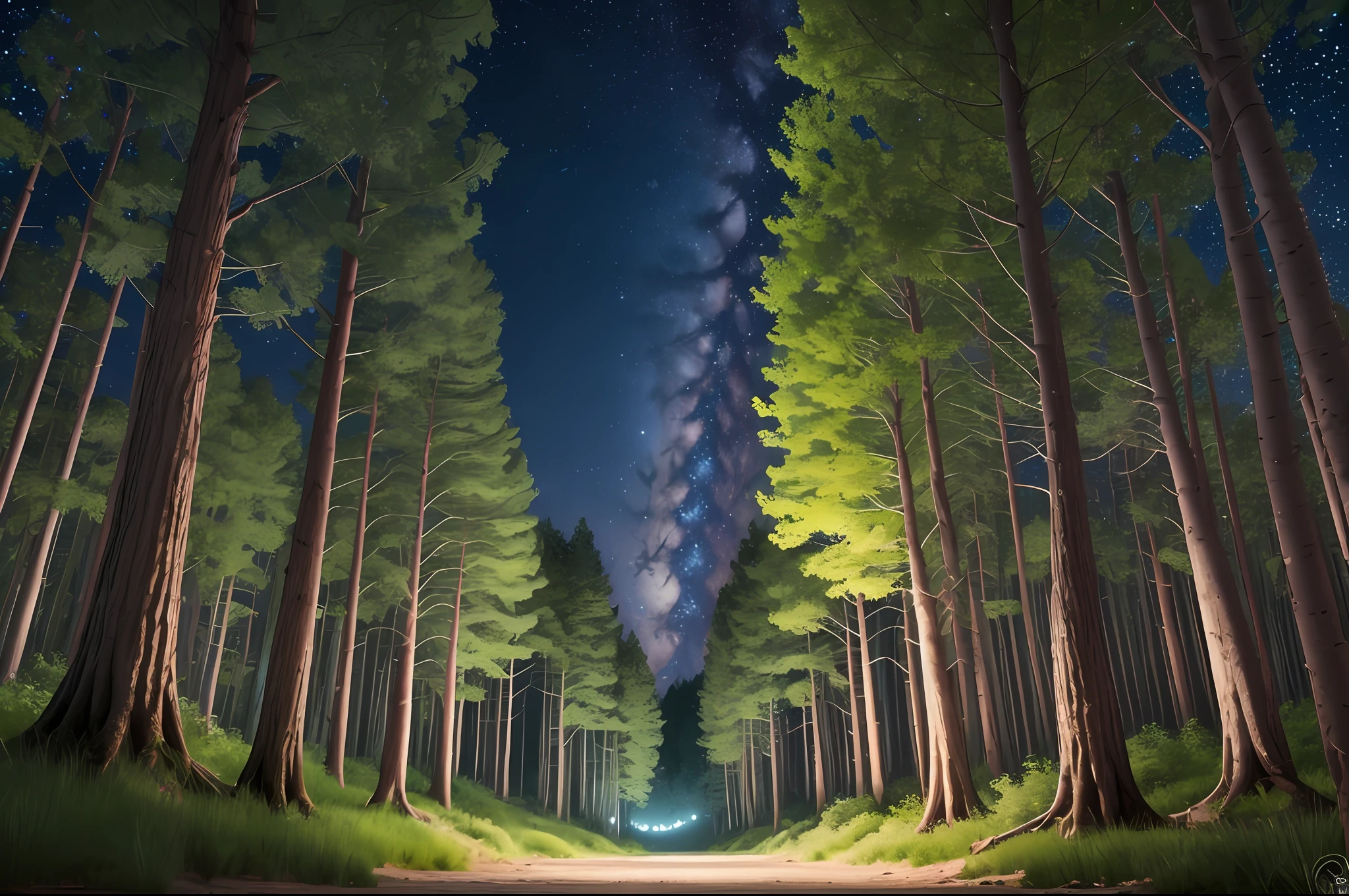 Create a magical scene of an enchanted forest at night, with a starry sky and towering trees. Add a touch of mystery and magic to the environment. --auto --s2