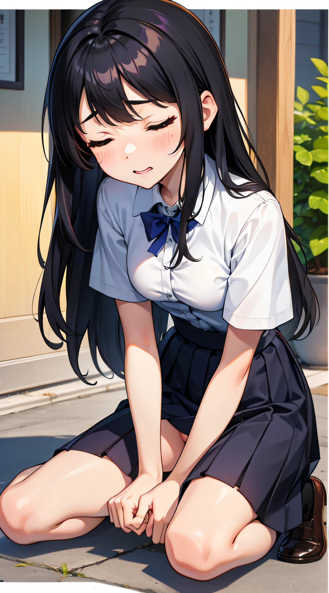 top-quality、Photorealsitic、8K picture quality、hight resolution、女の子 1 人、、Random Hair Styles、hi-school girl、Half-taken uniform、Rolled up skirt、Don't wear panties、Unbuttoned exposed breasts、Head bowed、Raise your hips on all fours、Face of agony with closed eyes、shot from back、Detailed wrinkles、doggy style、Open vaginal opening 、Ejaculated in the vagina
