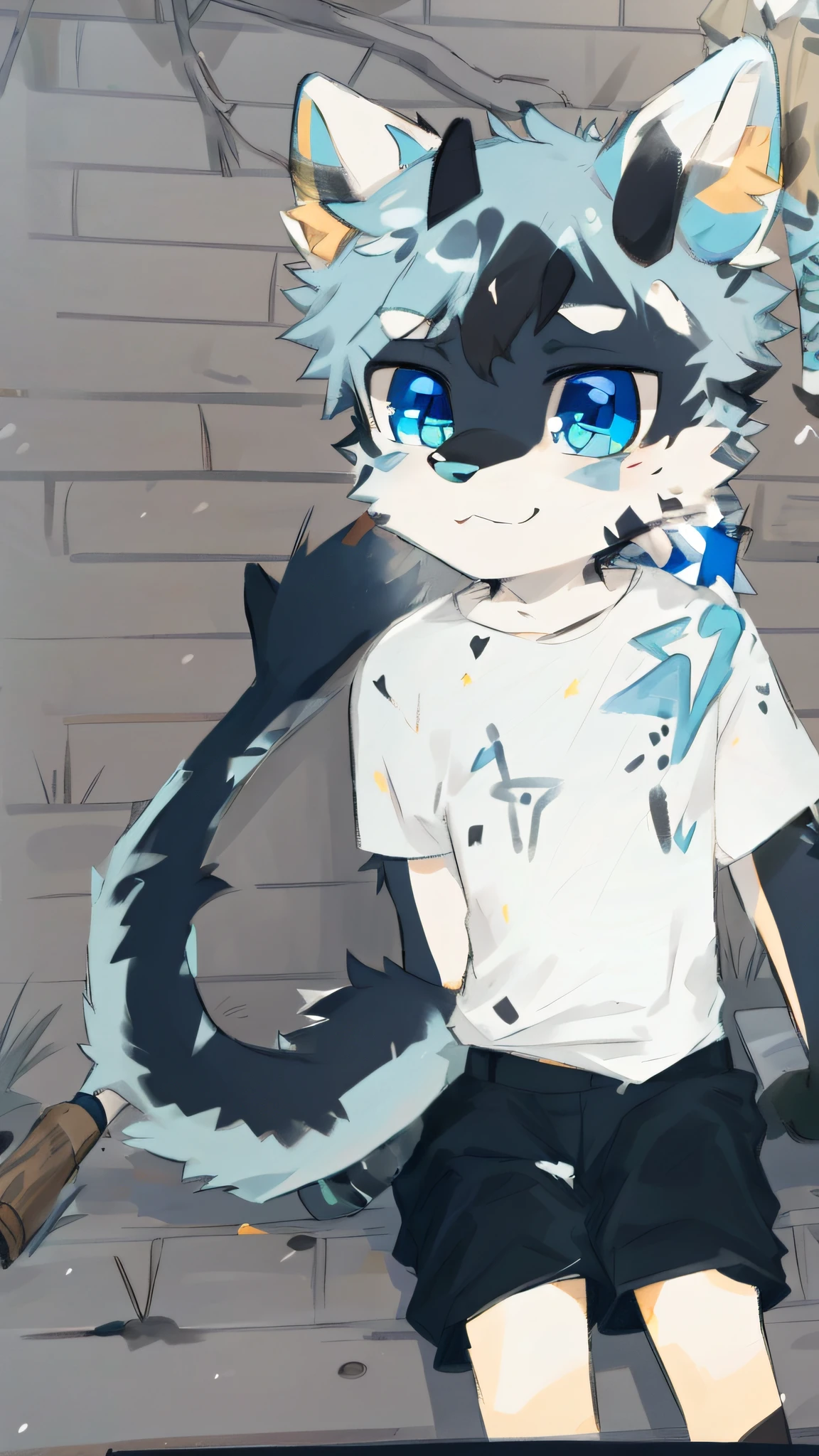 A white-haired and blue-bodied cat,shag short hair,whaite hair,cat ear,Blue hair everywhere,Big fluffy tail,Humanoid,adolable,shorter pants,The shirt,Humanity,hairy pubic,being thin,eBlue eyes,High-quality portraits,best qualtiy,(Highest high resolution,Pubic area is clear)eyes with brightness,in a panoramic view,Character focus,white backgrounid,No posture
