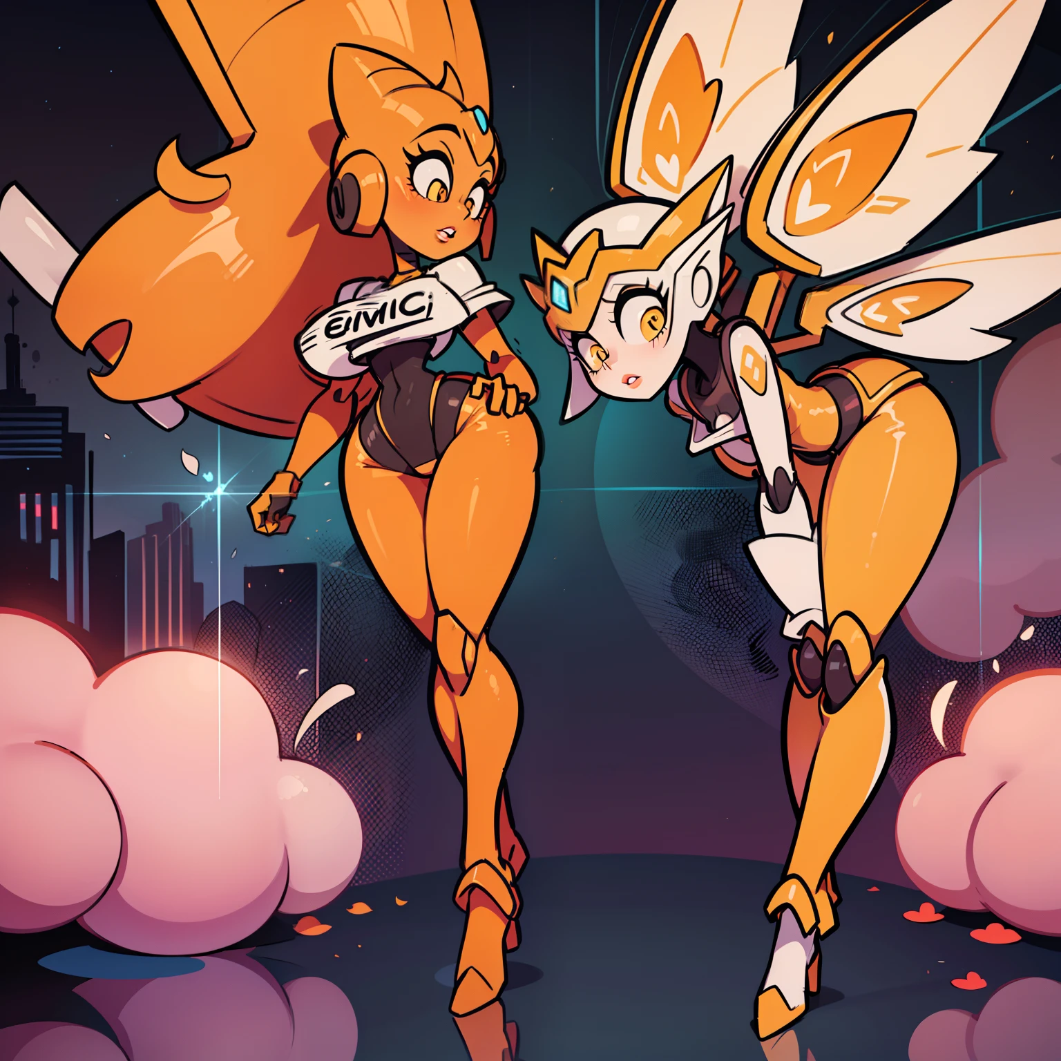 full body, back view, helmet, beautiful Mecha robot girl, a orange robot woman with fairy wings, HUGE orange boobs, a gray face, puffy orange lips, helmet, standing next to a futuristic luxury car, amazing design, poster design, creative, cartoon-style image of a sexy woman, dinamic pose, Introducing a unique and eye-catching T-shirt design: a full-body, side view of an orange robot woman with fairy wings. In this design, the robot woman stands tall, with a slender and elegant figure. Her body is primarily orange, with metallic accents that add a futuristic touch. The metallic parts gleam and reflect light, giving her a shiny and polished appearance. Her fairy wings are delicate and ethereal, resembling translucent, iridescent petals. They gracefully extend from her back, with colors shifting and shimmering as she moves. The wings add a touch of magic and whimsy to the design, contrasting beautifully with the robot aesthetic. Bending over and looking down, the robot woman appears to be engaged in something intriguing. Her puffy and lush lips are emphasized, showcasing her expressive nature. The lips have a vibrant orange color, adding a pop of contrast against her metallic complexion. They exude a sense of creativity and playfulness.