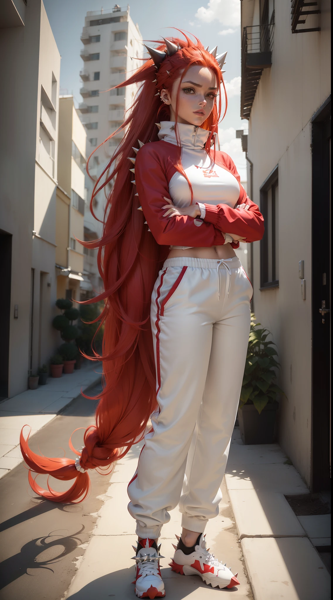 (((Obra prima))), Woman with cat tail, (((spiky hair))), (((red hair))), ((white sweatpants)), (mini jaqueta vermelha com mangas amarelas), Shoes, folded arms, ((absurdly long hair)), olhos amarelos luminosos, sorriso confiante, ((fundo cidade futurista)), White buildings,