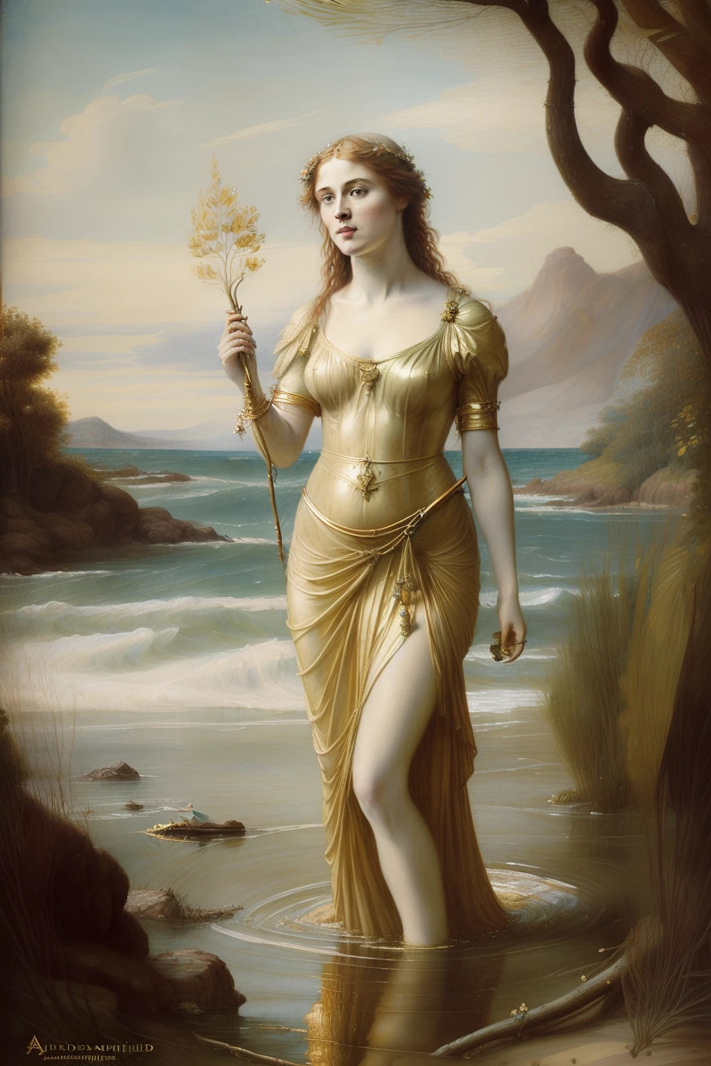 (((Pre-Raphaelite painting of an enchanted maiden emerging from the sea while holding a golden branch, adoranda com joias de ouro, paisagem celta)))