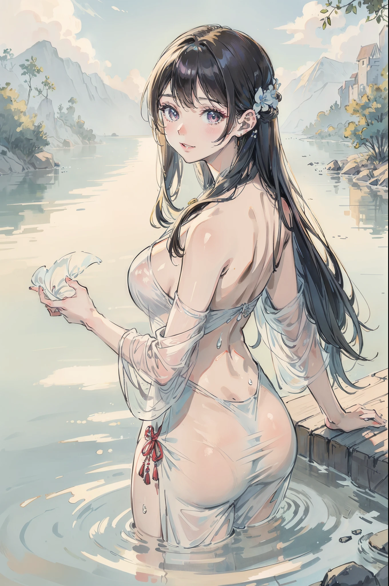 (obra maestra) (La mejor calidad) En un gran lago, A woman bathes in the water and pulls her wet hair back with her hands raised and her back smiles with joy and has a beautiful look......... Ella lleva tonos oscuros de maquillaje, labios pintados de un rosa chicle y grandes pendientes. It's a hot summer day, There is good light and the sky is clear. (pechos grandes) (belleza ojos) (cabello rubio) (sexy)