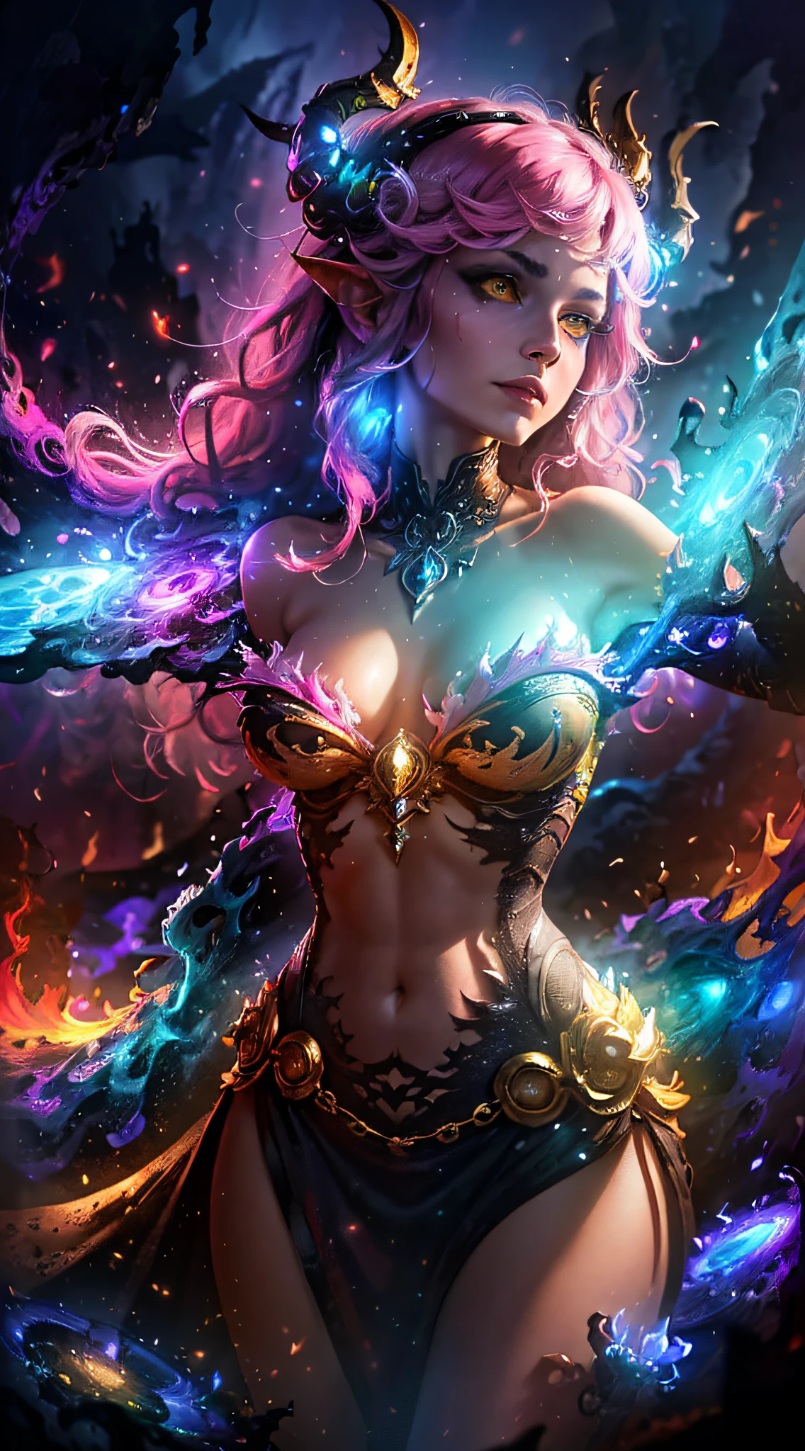 looking at viewer, vibrant gaze, Goddess of Multiverse Monsters, Female, Goddess of Evil, Serena, Devilish Smile, Large Golden Dragon Horns, (Lush Lush Long Hair, Pink Hair, Wavy Fringe, Messy Hair), ((yellow eyes)), Goddess Long Dress, Thin, Big Breasts, Wide Waist, horrifying , Dark Fantasy, destruction, ((master realistic, psychedelic art, ultra-detailed face, ultra-detailed body, ultra-detailed eyes, cinematic, ultra-detailed, harsh lighting, 16k)), --splash art 100, Chaos 750, stylized 750, galaxy, stars, planets in background,