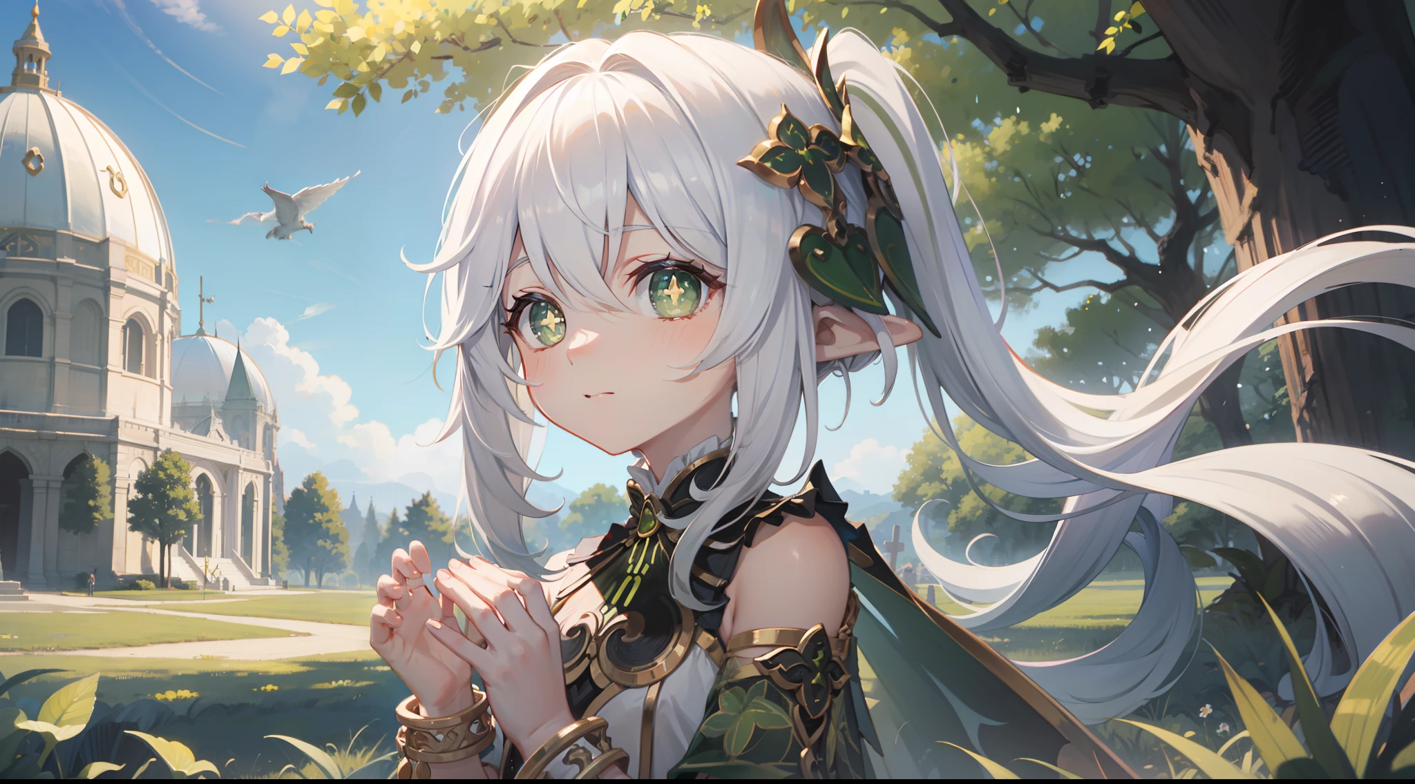 Nahida_Genshin,(White hair),cross-shaped pupils,default_dress,Green cape,Outdoor background,life,God of grass and trees,"White dome",Put hands together andpray