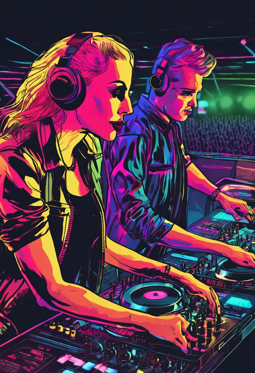 Two German DJs, both with striking blonde hair, stand behind a deck set in a bustling nightclub. The vibrant energy of the crowd pulses around them, as they work their musical magic. The neon lights of the club illuminate their confident expressions, capturing the intensity of their performance. Each twist of a knob or push of a button is met with the audience's euphoric response. The DJs' passion and skill are palpable, creating an unforgettable night. Photo taken by Ellen Allien with a Pioneer CDJ-3000 setup, showcasing Dynamic Lighting Effects and Trance Lighting, 8K, Ultra-HD, Super-Resolution.