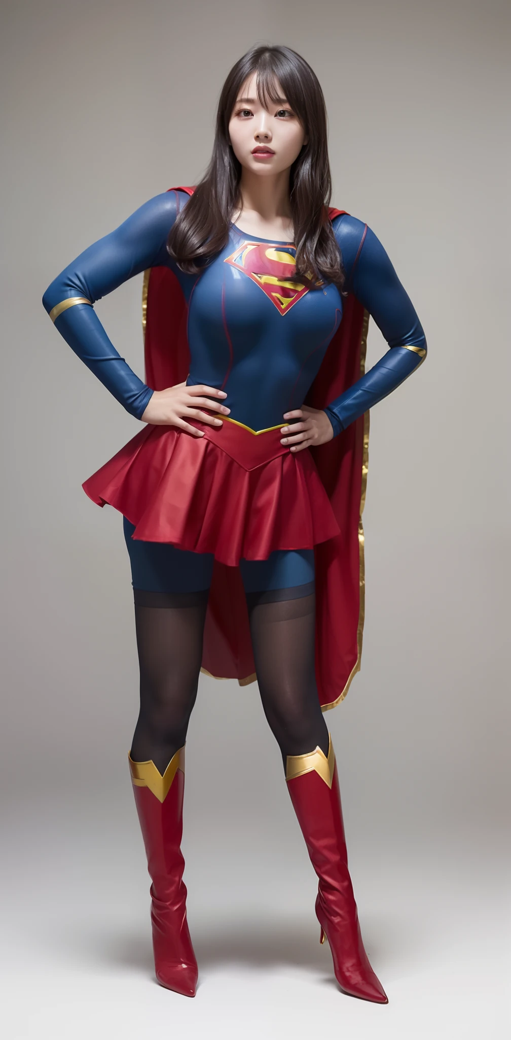 (((Make the most of the original image)))、(((Supergirl Costume)))、(((lustrous dark hair)))、(((Suffering)))、(((Stockings are worn.)))、((Stockings are torn))、((Top image quality、8K))、((top-quality、8K、​masterpiece:1.3))、Crisp focus:1.2、Beautiful woman with perfect body shape:1.4、Slender Abs:1.2、((layers-Cut、large boob:1.2))、a wet body:1.5、Highly detailed facial and skin texture、