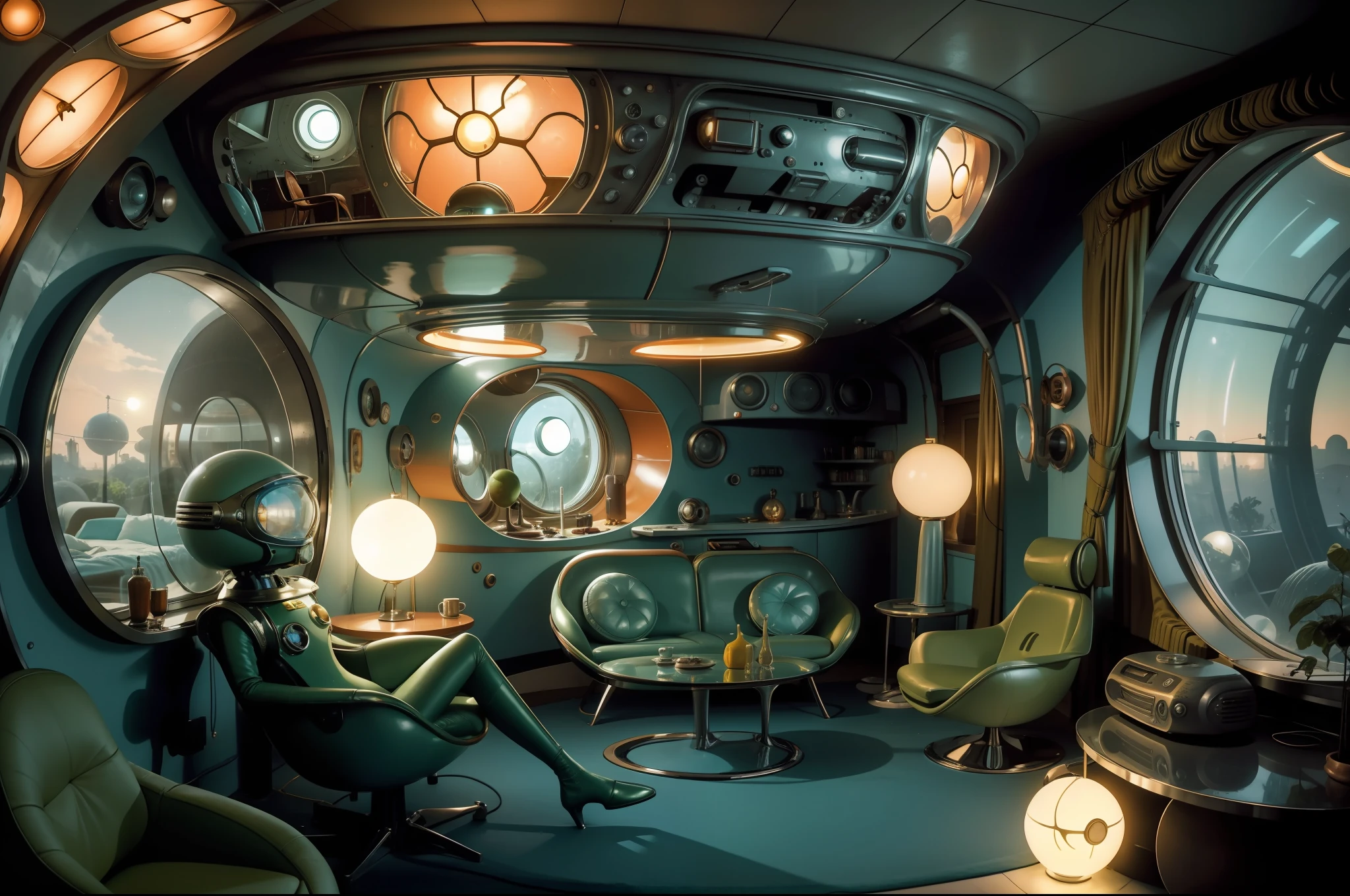 MartianS chilling out in a human house . Retrofuturistic house as background, big rounded windows, round tv, 1970's style furniture. Colorful image. Illuminated by lamps and light through the windows. Highly detailed. Photorealistic.