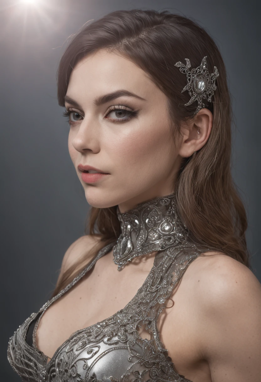 Foto RAW, Retrato completo comprimento de uma mulher inglesa com uma gargantilha ouro e diamante, retrato futurista da mulher, Imagem de Beautiful Sci - Menina Fi, Retrato de uma mulher sci - fi, Retrato do humanoide feminino, mulher futurista da moda, usando um vestido de renda vazada, Retrato Completo Suave Tiro 8 K, preto. cabelo detalhado, wearing steel collar, Portrait of a heroine, (longos cabelos roxos escuros), dark gothic makeup, Pale silver lipstick, cabelos longos, cristal durante, ((seio pequeno)), small glute, Women's Athletic Lean, Body, corpo inteiro detalhado, (s(eio pequeno levantado)), rosto perfeito, cabelo amarrado